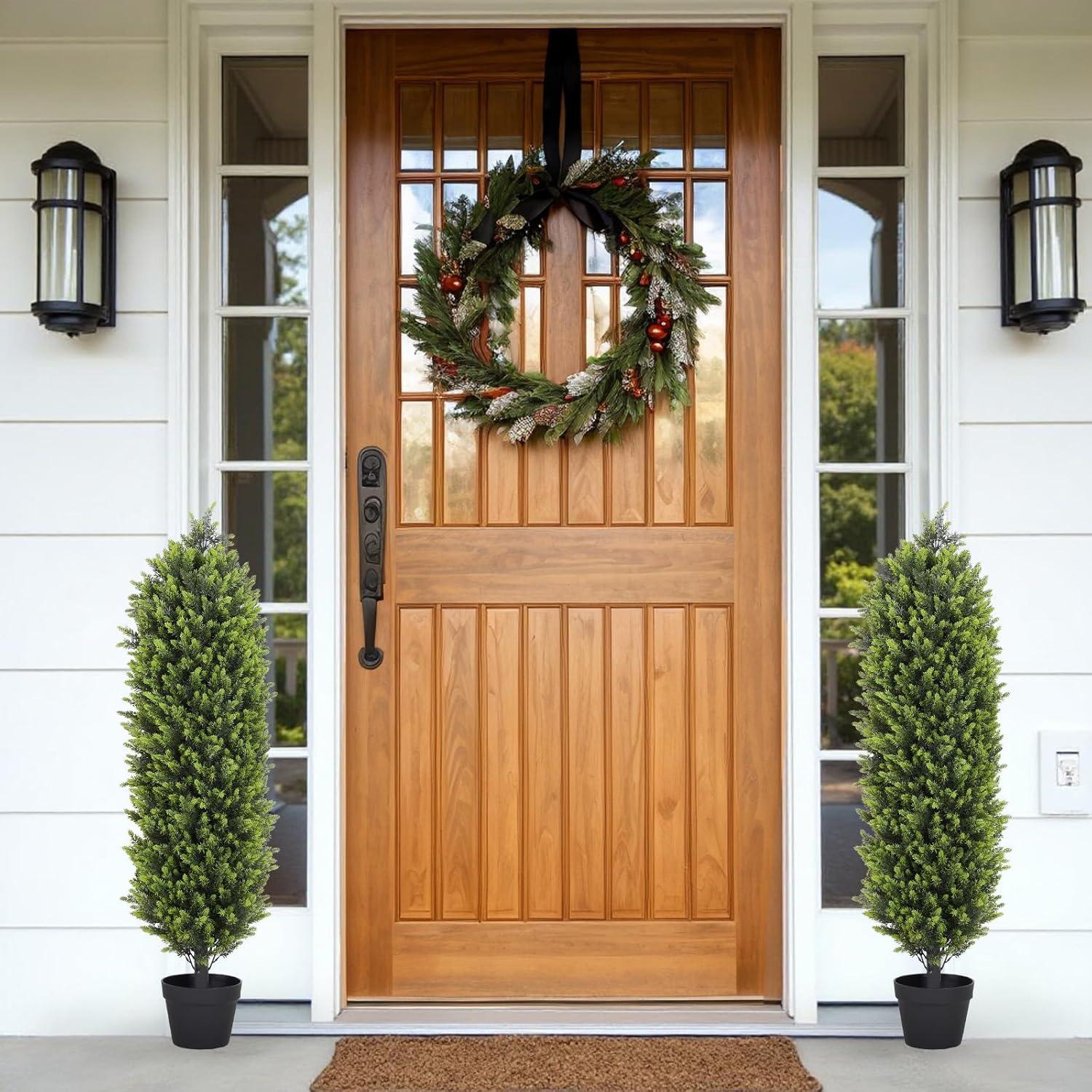 4ft Artificial Cedar Topiary Trees 2 Pack, Beautiful Realistic Artificial Plants for Outdoor, UV Protection Potted Plants Artificial Shrubs for Outdoor, Indoor, Office, Front Porch Decor.