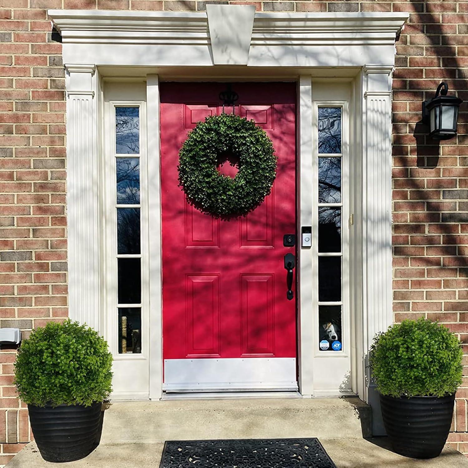 22’’ Faux Boxwood Topiary Ball Tree Set of 2, Artificial Plants Outdoor Weather Resistant, Cement-Filled Potted Bushes, Evergreen Topiary Trees Artificial for Porch Decoration Indoor Outdoor