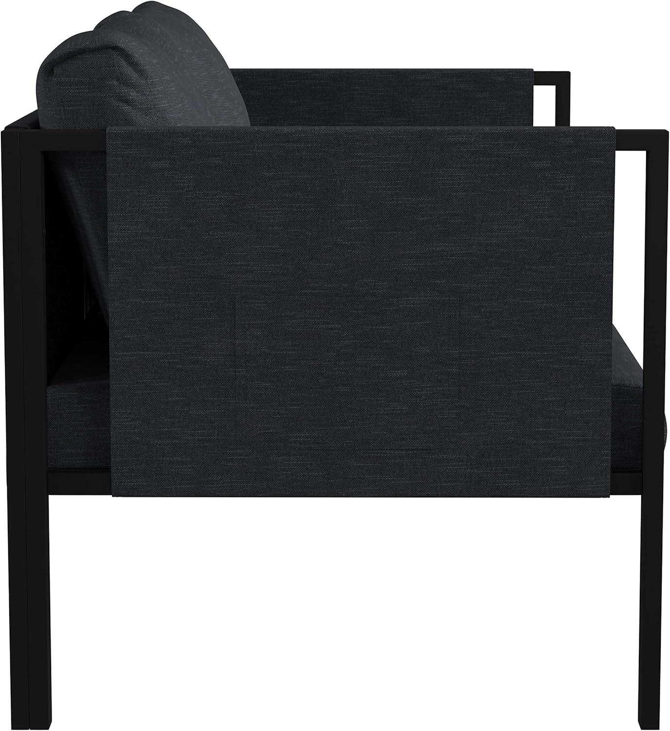 Flash Furniture Lea Indoor/Outdoor Loveseat with Cushions - Modern Steel Framed Chair with Storage Pockets, Black with Charcoal Cushions