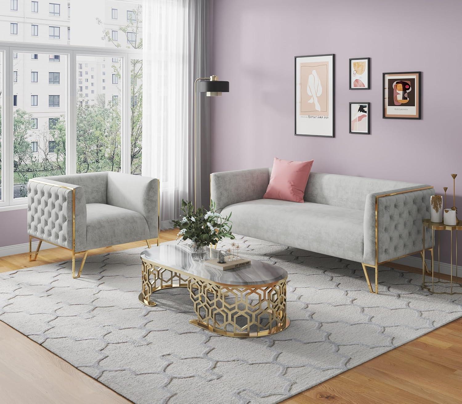 Gray Velvet Sofa and Armchair Set with Brass Frame