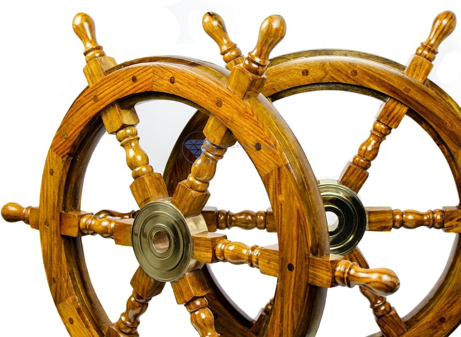 24" Dark Rosewood and Brass Nautical Ship Wheel Decor