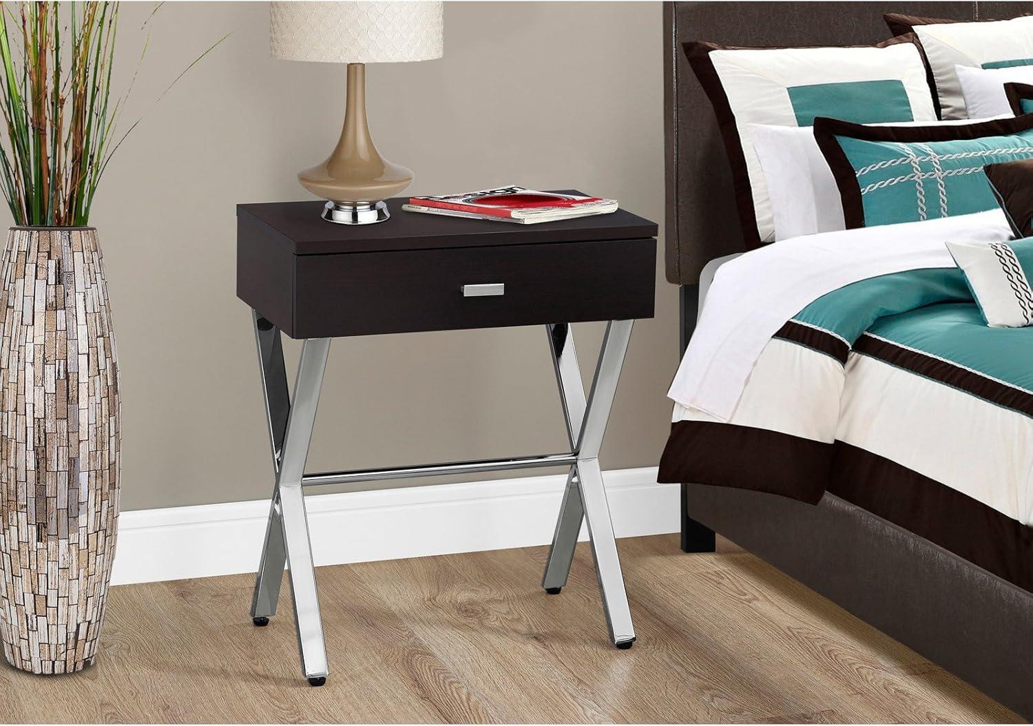 Monarch Specialties Accent Table, Side, End, Nightstand, Lamp, Storage Drawer, Living Room, Bedroom, Metal, Laminate, Chrome, Contemporary, Modern-Finish:Glossy White