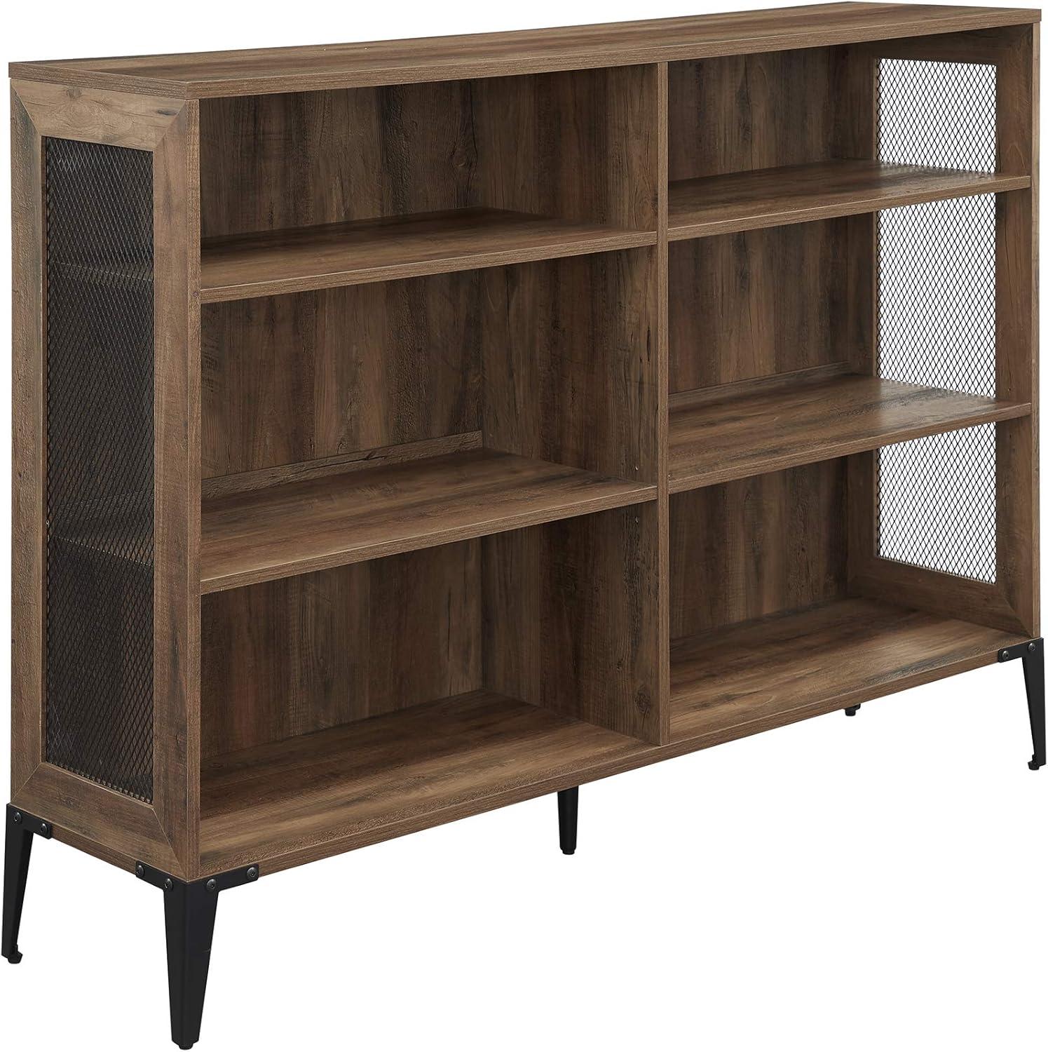 Adjustable Rustic Oak 6-Shelf Bookcase with Metal Frame