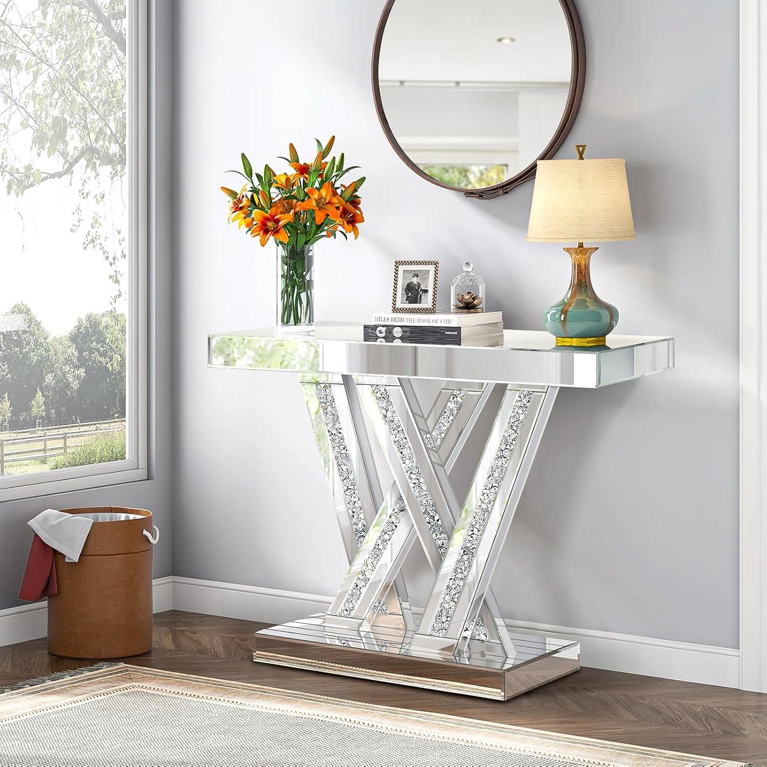 Modern Entryway Console Table With Crushed Diamond Inlay, 35" Silver Mirrored Glass Hallway Table For Entryway, Glam Decorative Sofa Tables For Living Room