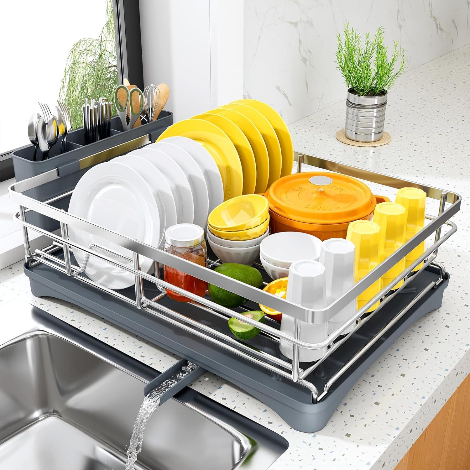 BEACHWATER POOL & SPA, LLC Dish Drying Rack For Kitchen Counter - Large Dish Rack With Drainboard, Rustproof Dish Drainer With Utensil Holder For Sink