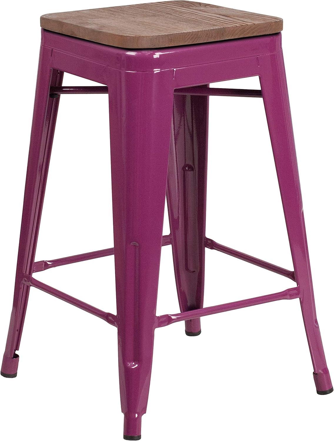 EMMA + OLIVER 24" H Backless Purple Counter Height Stool with Wood Seat