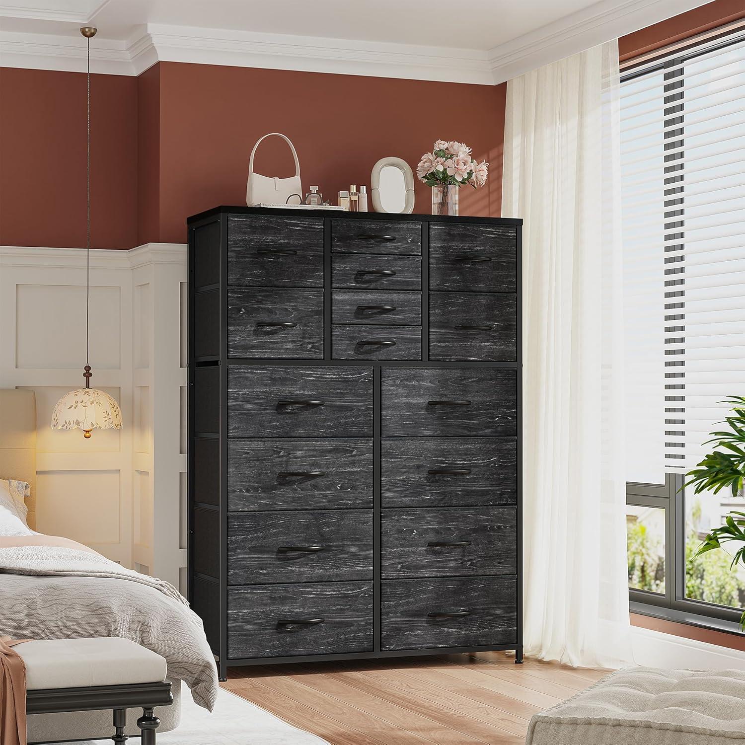 Dresser, Black Dresser, Wood Top, Metal Frame High Dresser and Chest of Drawers for Bedroom and Entryway, Bedroom High Dresser with 16 Drawers, Black
