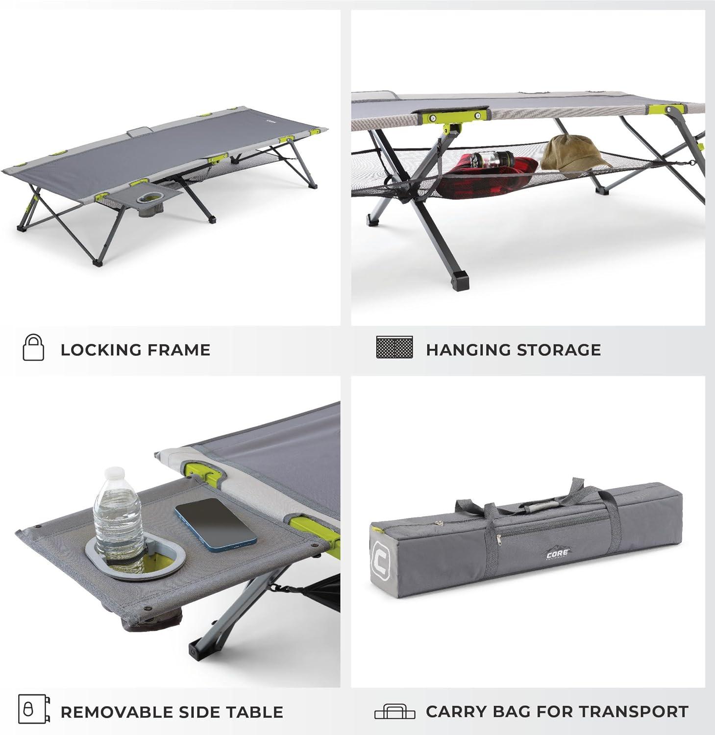 Gray Heavy Duty Folding Camping Cot with Side Table