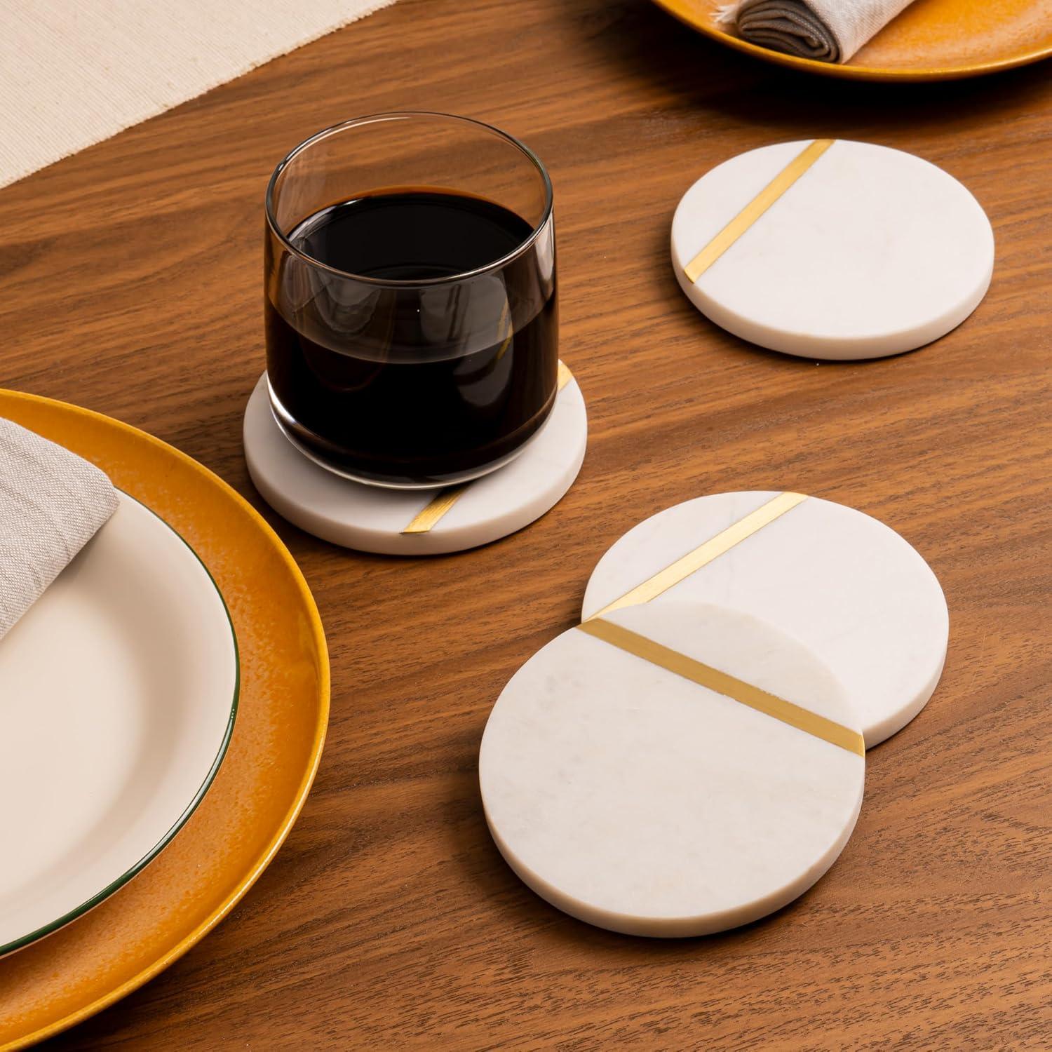 White Marble and Gold Brass Inlay Coasters Set of 6