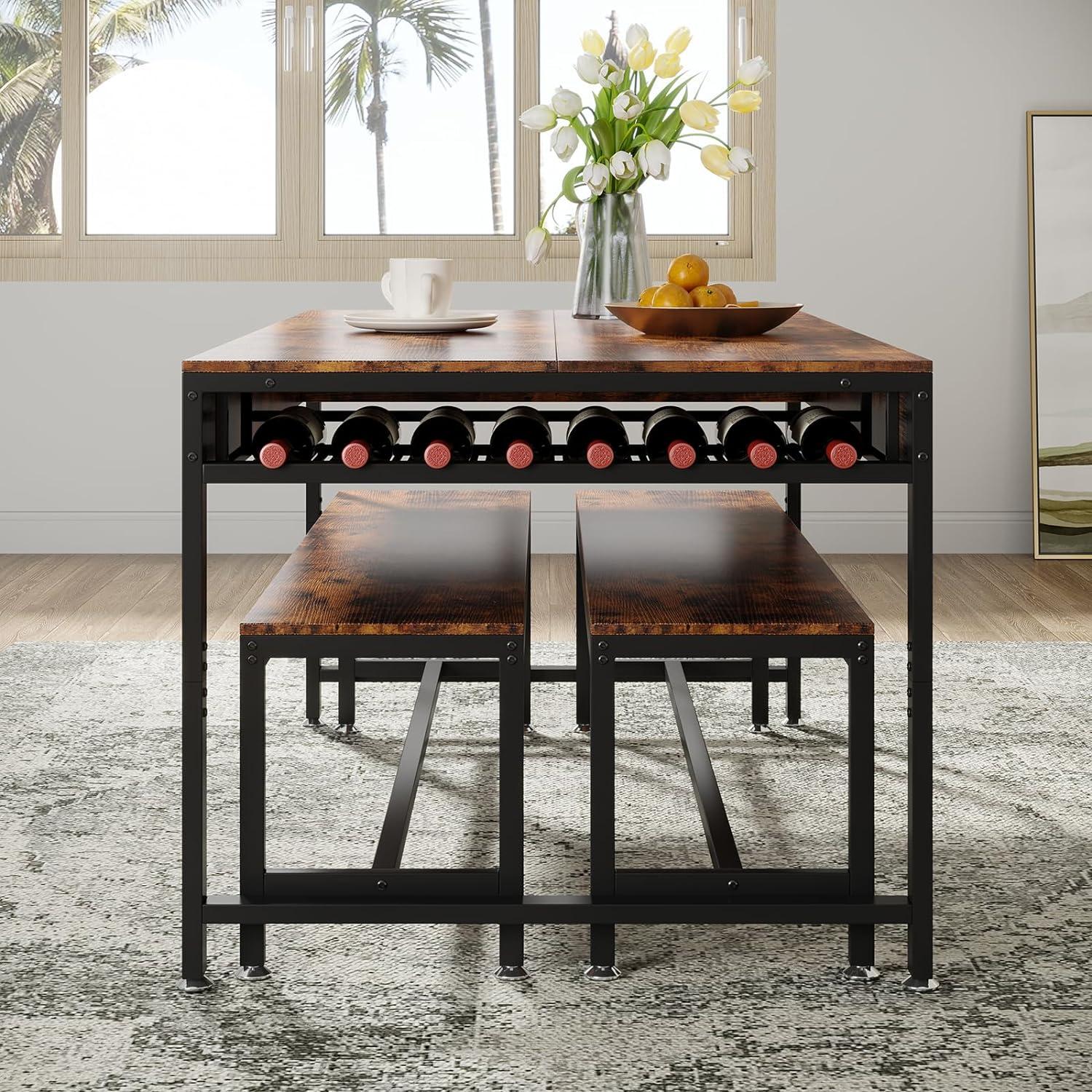 Zubie 63"Dining Table Set for 4-6, 3-Piece Kitchen Table with 2 Utensil Drawers,2 Benches&Wine Rack