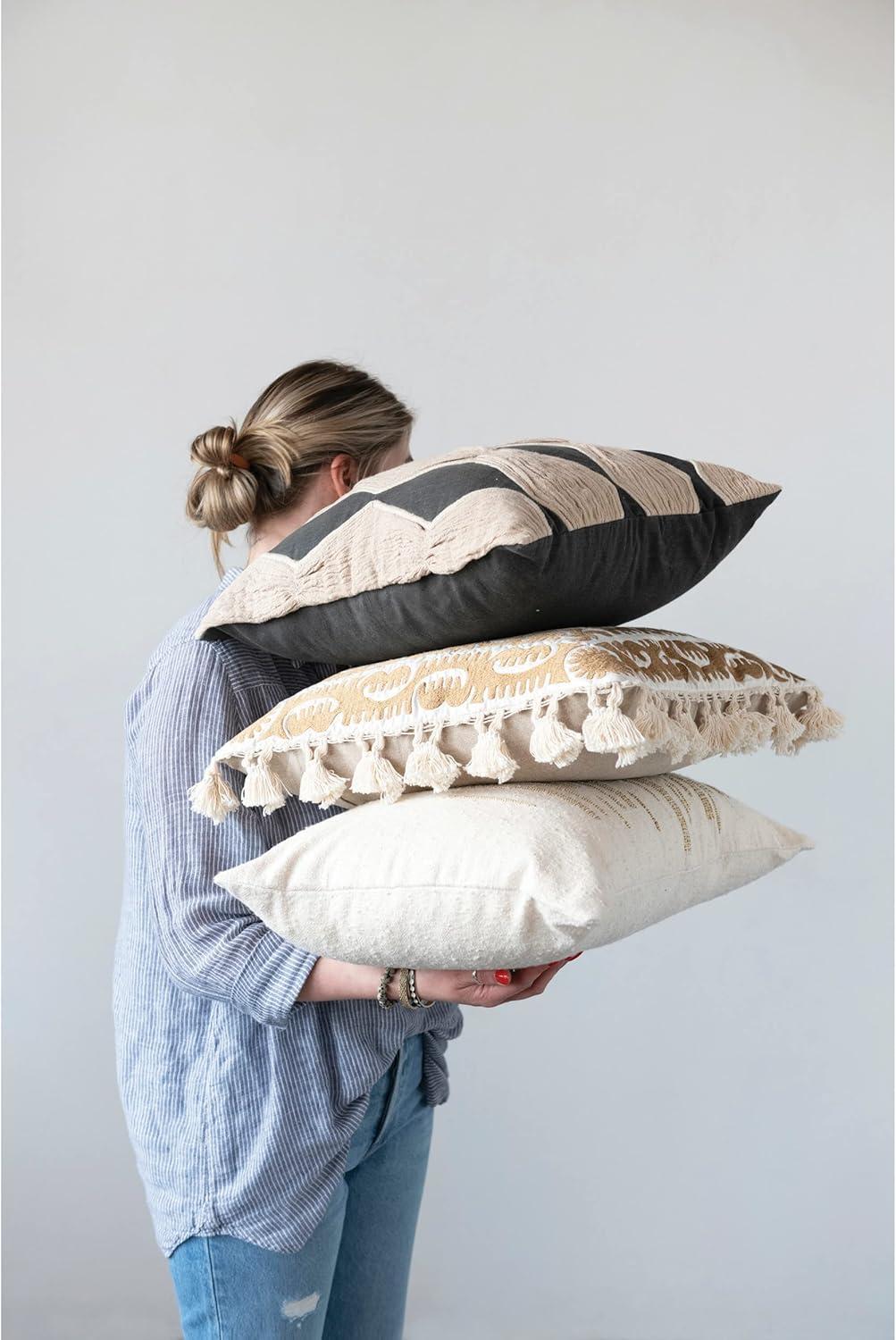 Creative Co-Op Cotton Pillow with Embroidery, Chambray Back