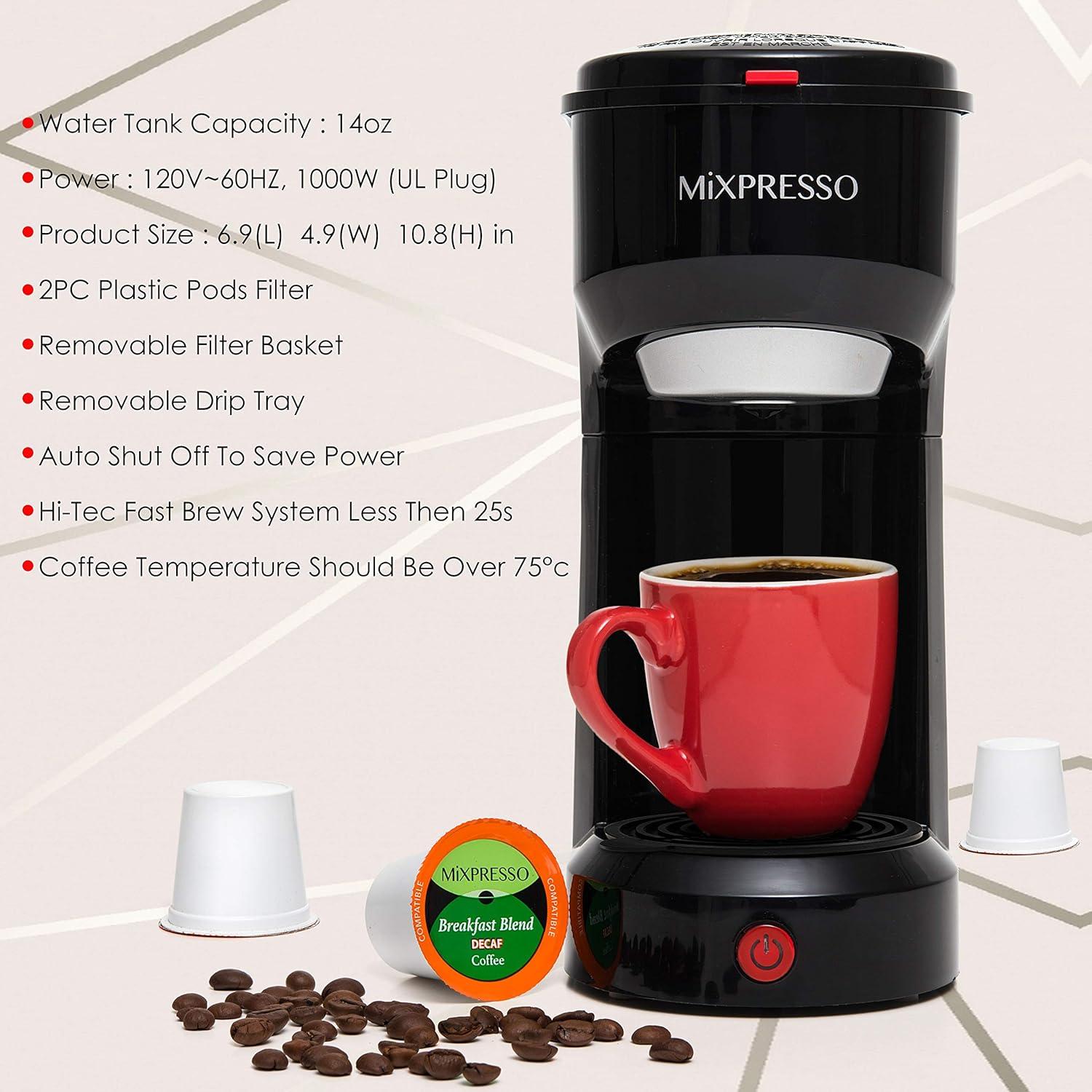 Mixpresso Black Compact 2-in-1 Single Serve Coffee Maker