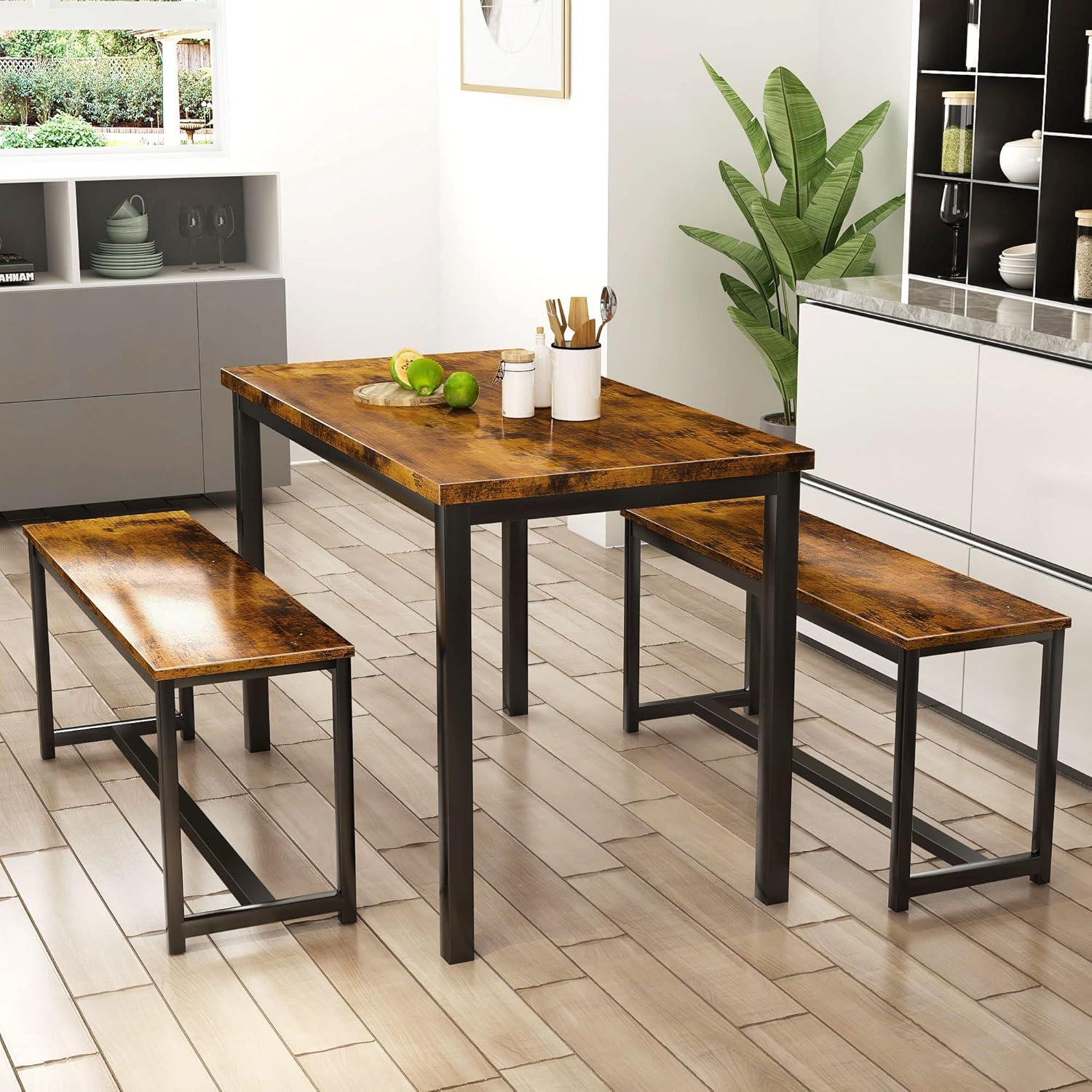 Rustic Brown and Black Industrial Dining Table Set with Benches