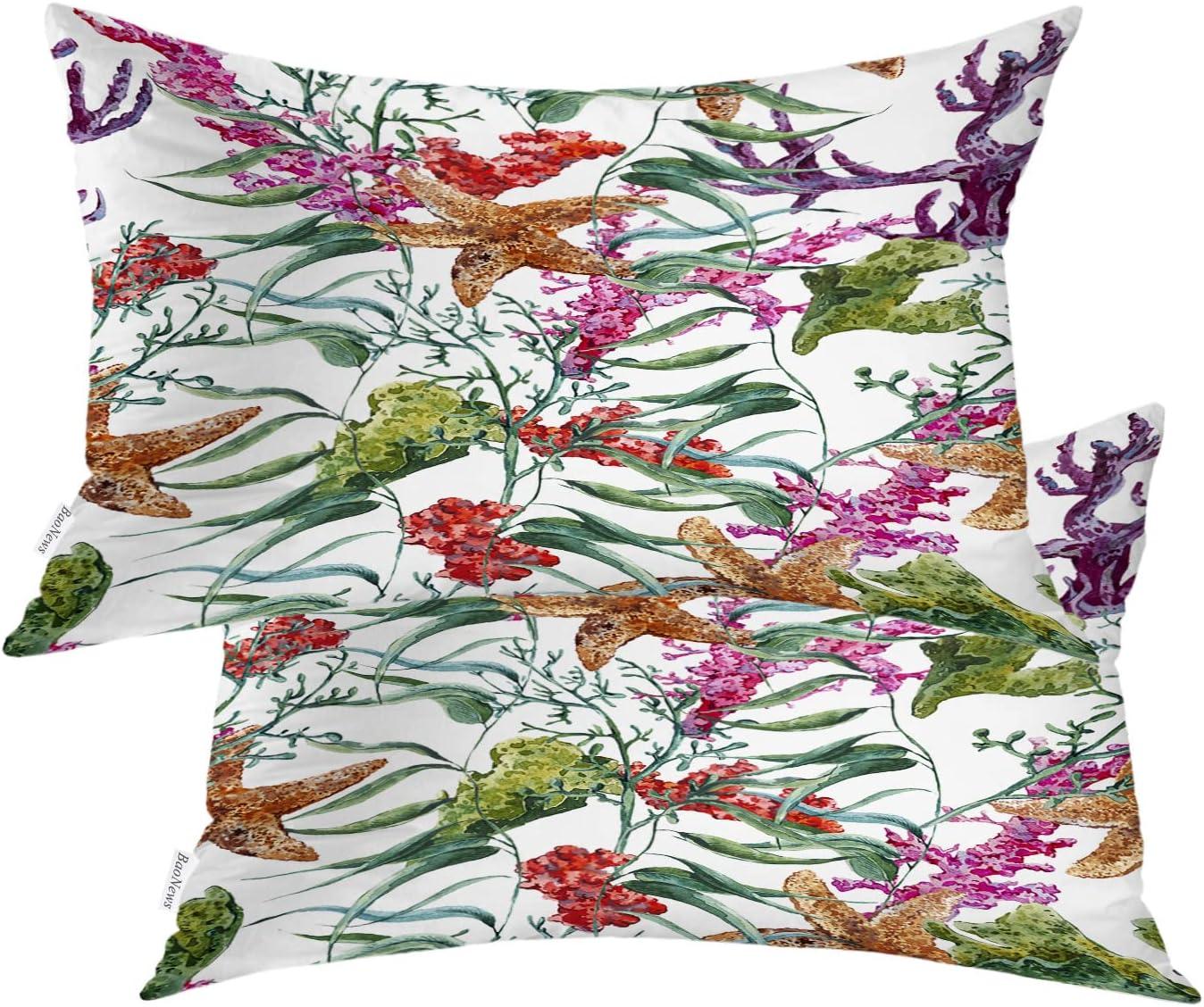 Coral Nautical Pillow Covers, Watercolor Sea Life Pattern with Seaweed Starfish Lumbar 12 x 20 Inches Decorative Throw Pillow Covers Cotton Cushion for Sofa Bedroom Car, Blue 04, Set of 2