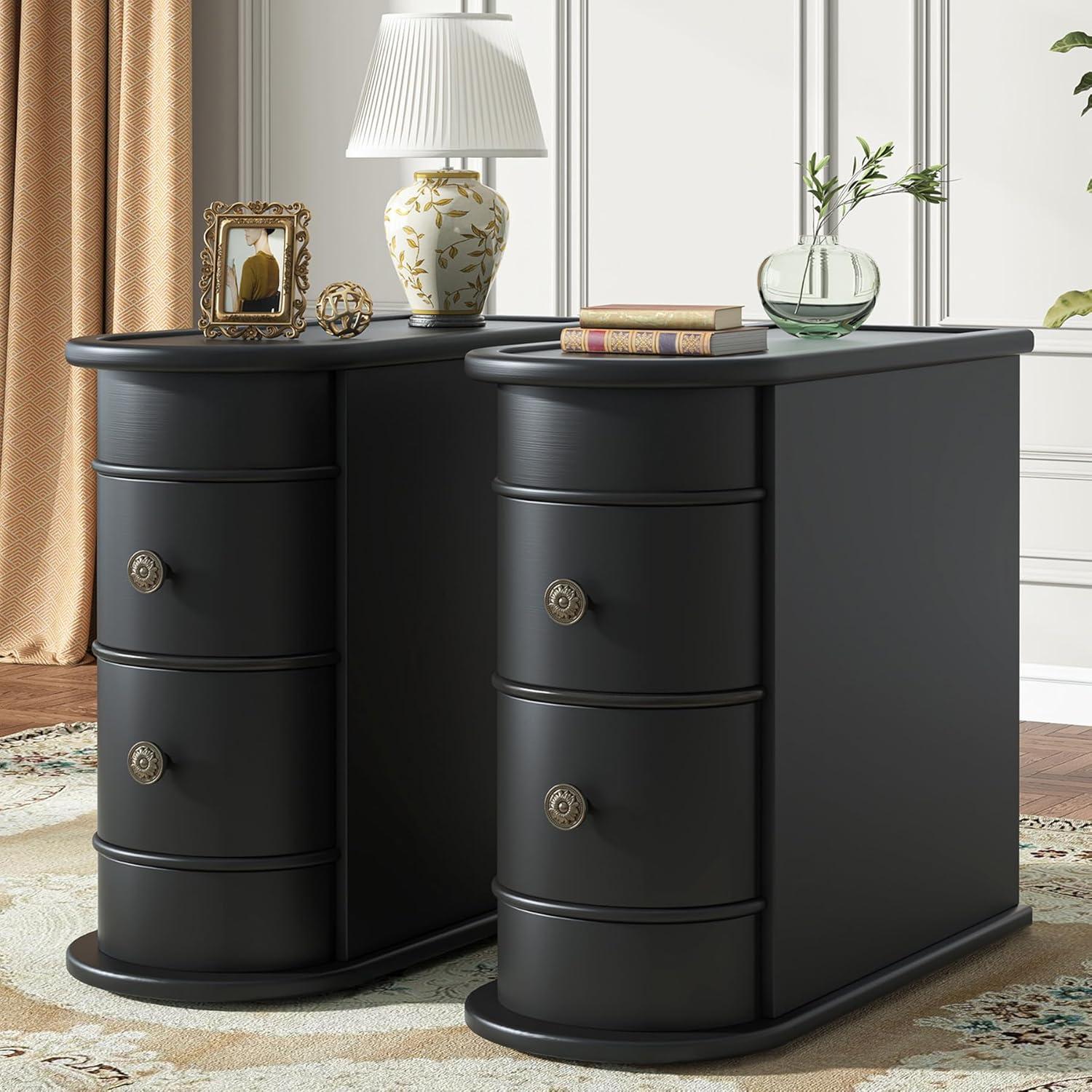 Hommoo Wood Narrow Nightstand with 2 Drawers Black