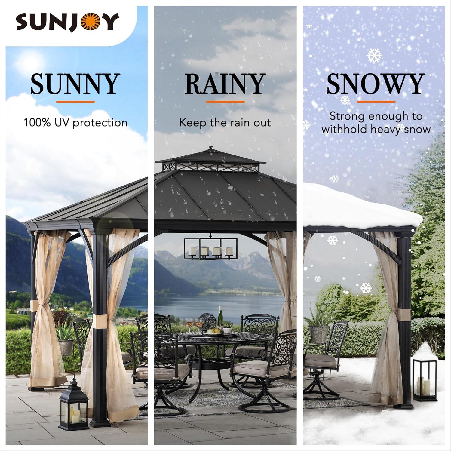 Sunjoy Hardtop Gazebo 11 x 13 ft. Outdoor Patio Black Anti-Rust Aluminum Frame Gazebo, Double Tiered Gazebo with Ceiling Hook and Mesh Netting, Black