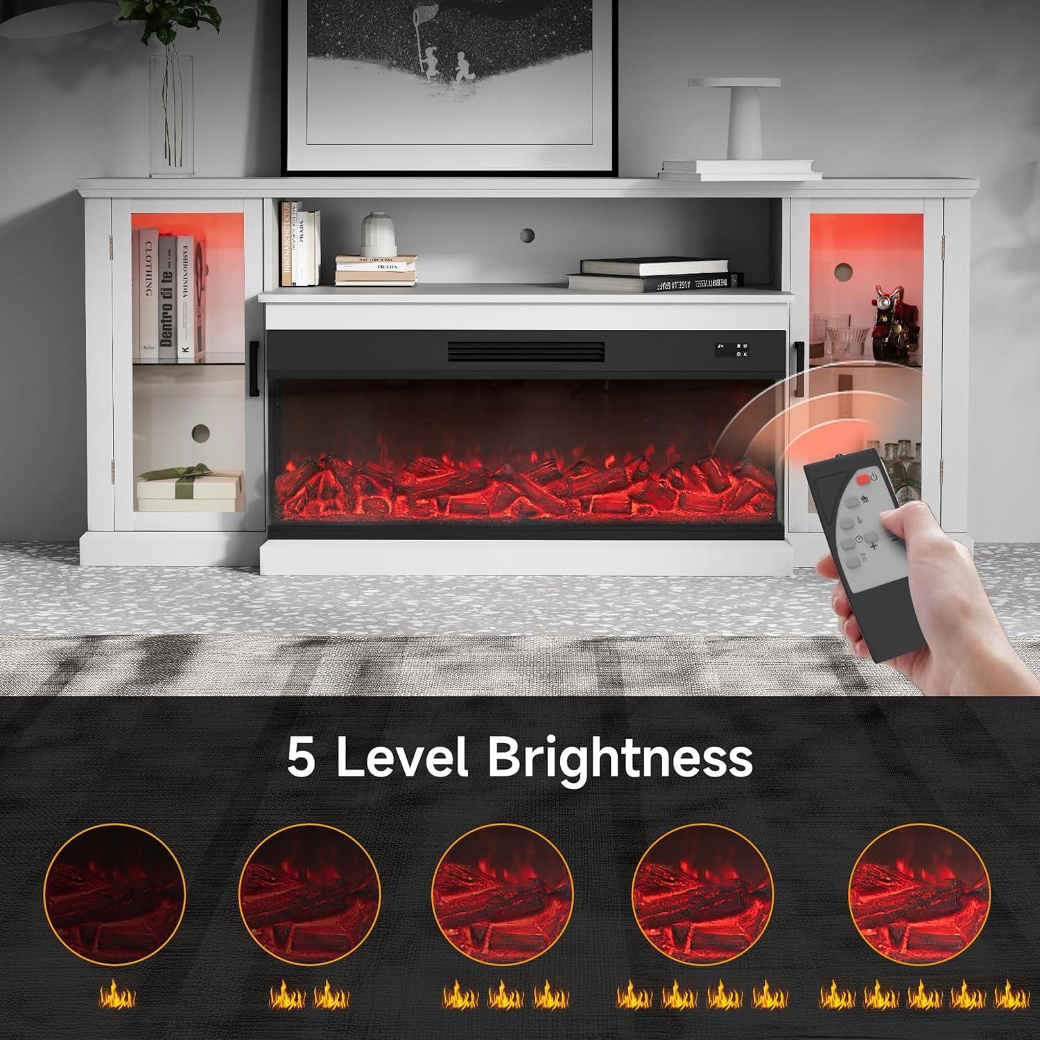 Real Relax Fireplace TV Stand for 80 inch TV, 72.8" Entertainment Center with 40 inch 3-Sided Electric Fireplace & LED Lights for Living Room, White