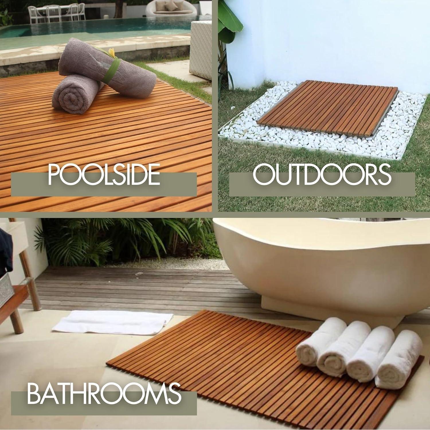 Nordic Teak 59" x 35" Extra Large Oiled Shower and Bath String Mat with Rubber Footing - Brown