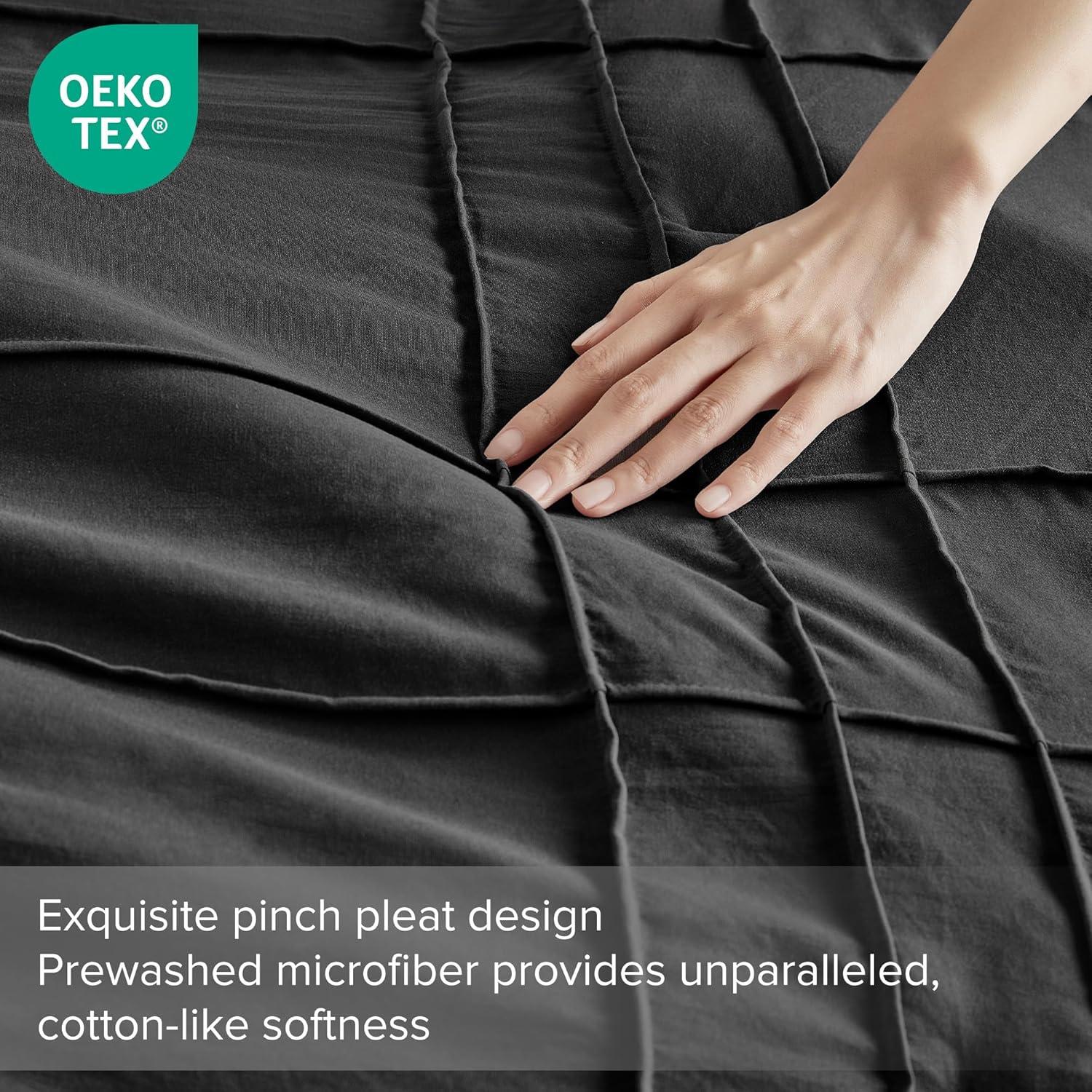 Black King Size Pintuck Pleated Microfiber Duvet Cover Set