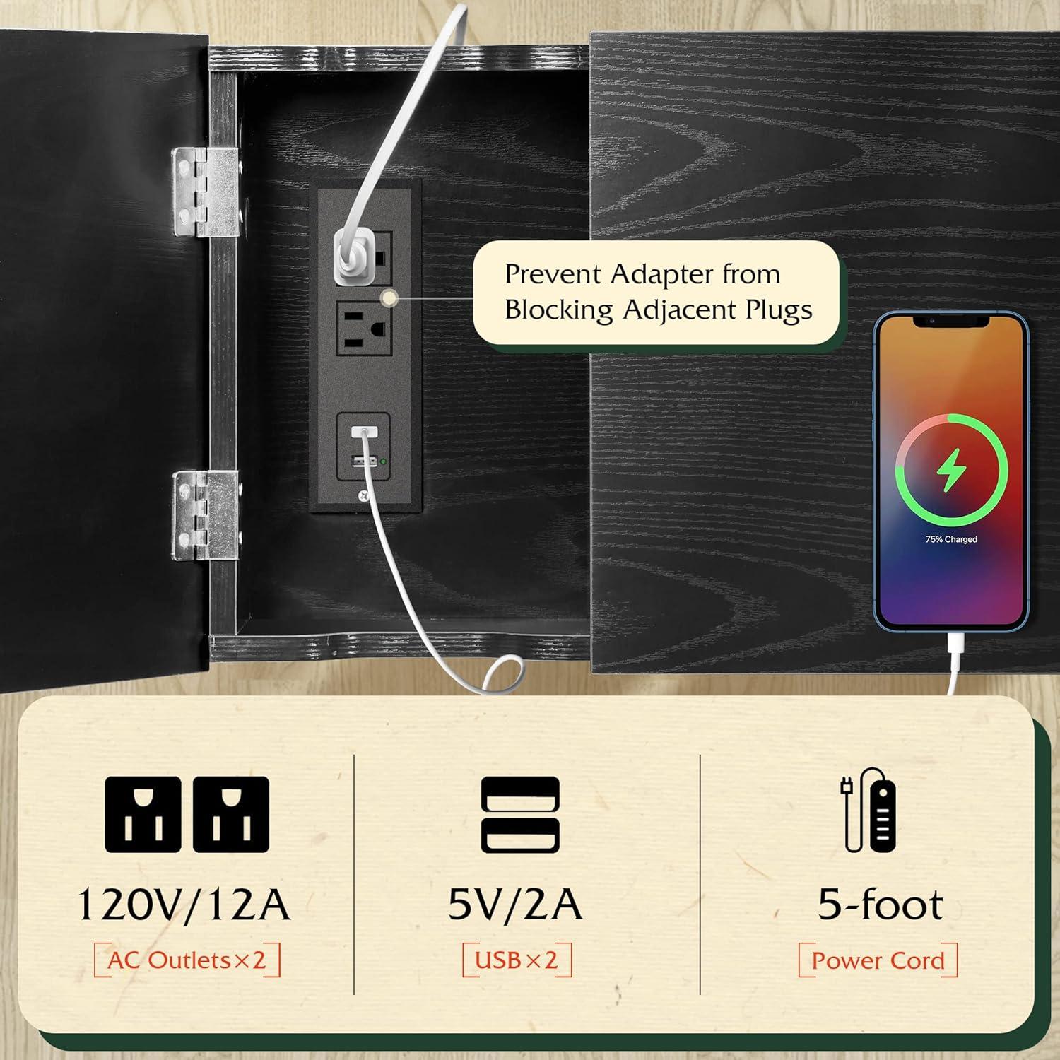 Narrow Side Table with 2 USB Ports and 2 Outlets, Flip Top End Table with Drawer and Storage Shelves, End Stand with Charging Station for Living Room, Bedroom, Small Spaces,Black