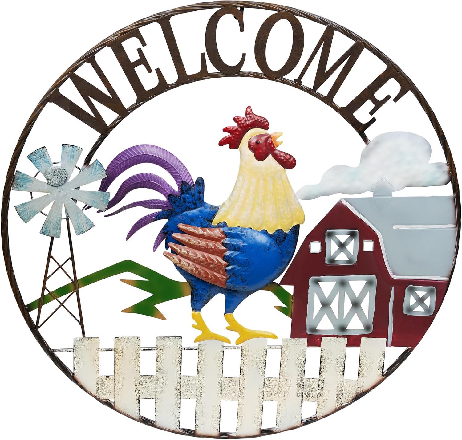 Alpine 30"H Large Round Rooster and Farm Welcome Wall Sign