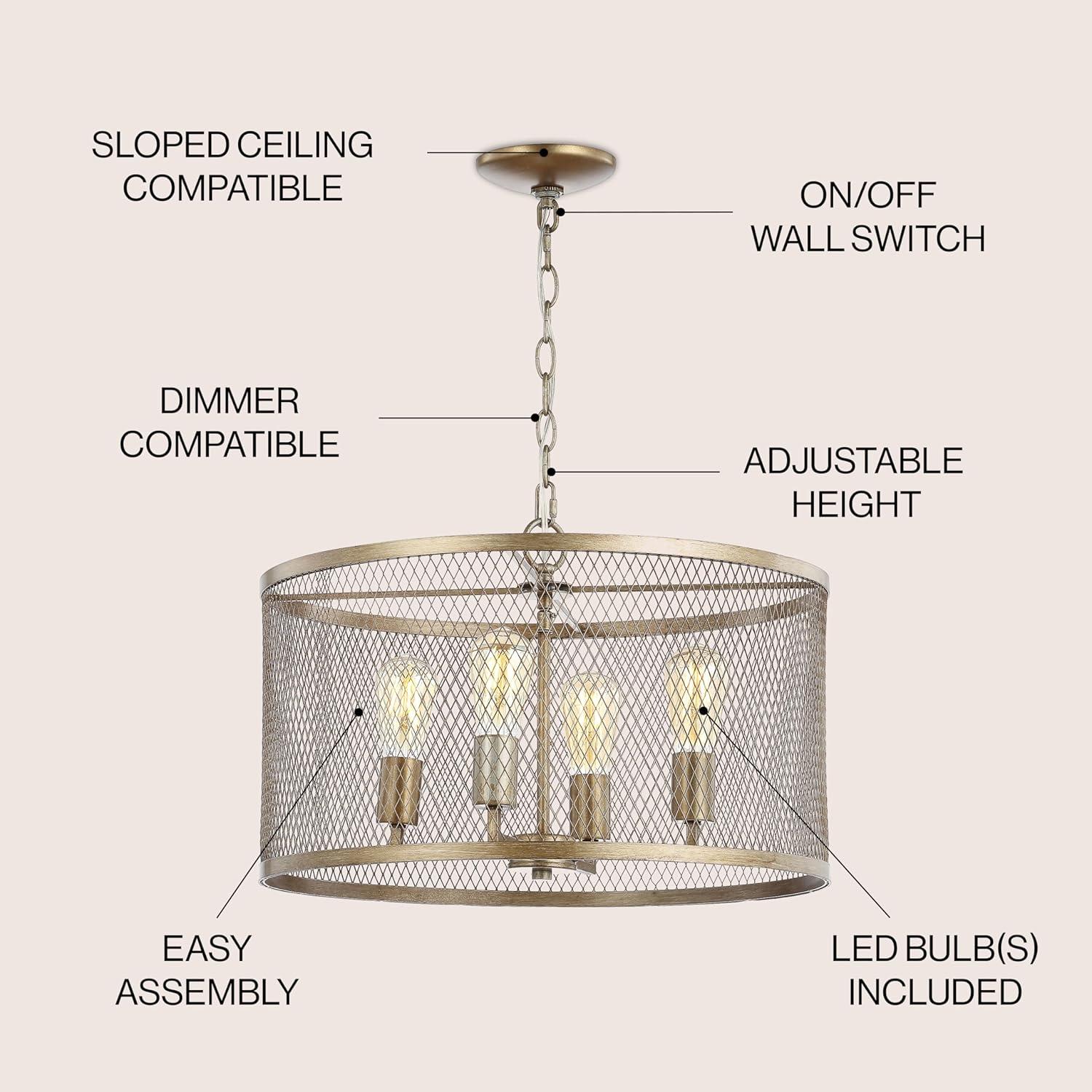 Pen 4-Light 20" Iron Adjustable Industrial Mesh LED Pendant, Gold