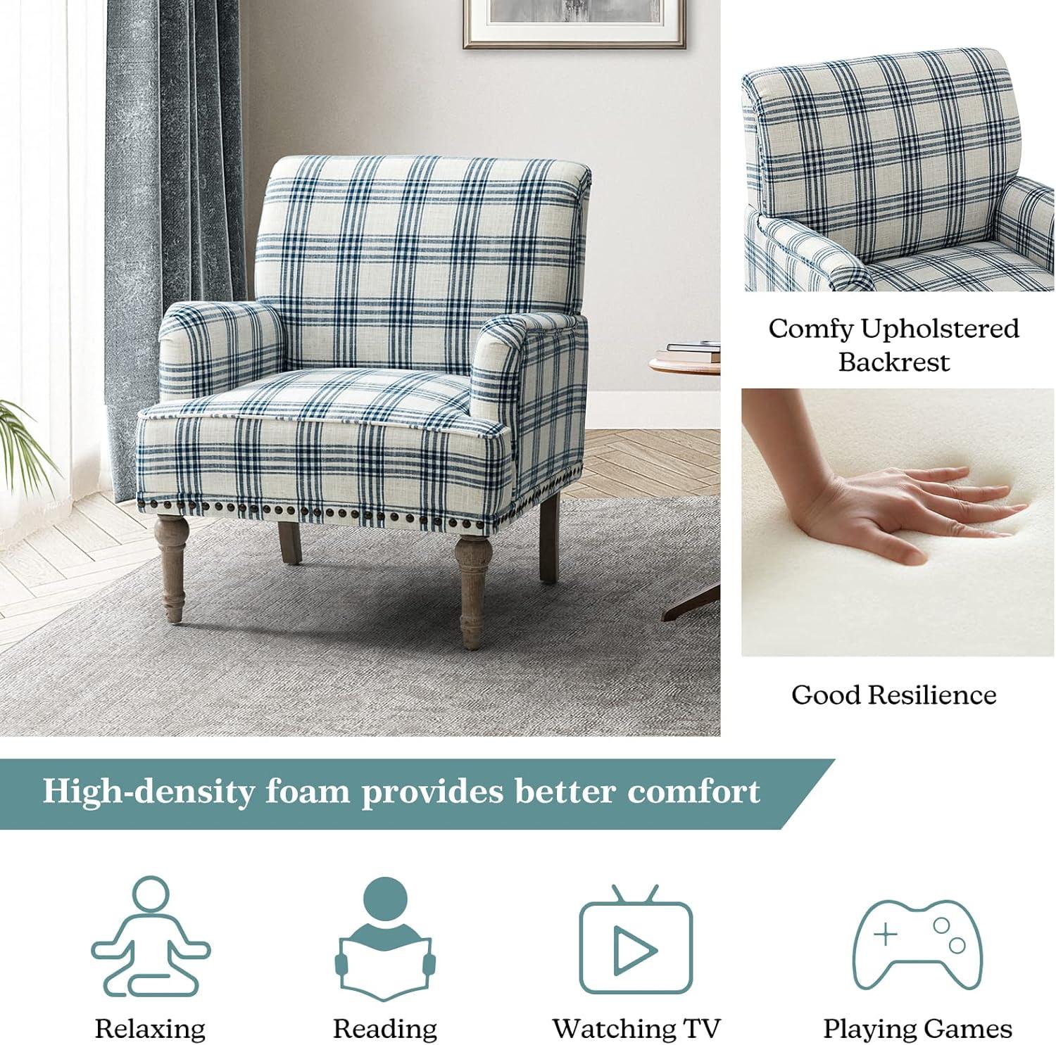 HULALA HOME Geltrude Farmhouse Vintage Plaid Accent Armchair with Nailhead Trim Set of 2 by  NAVY