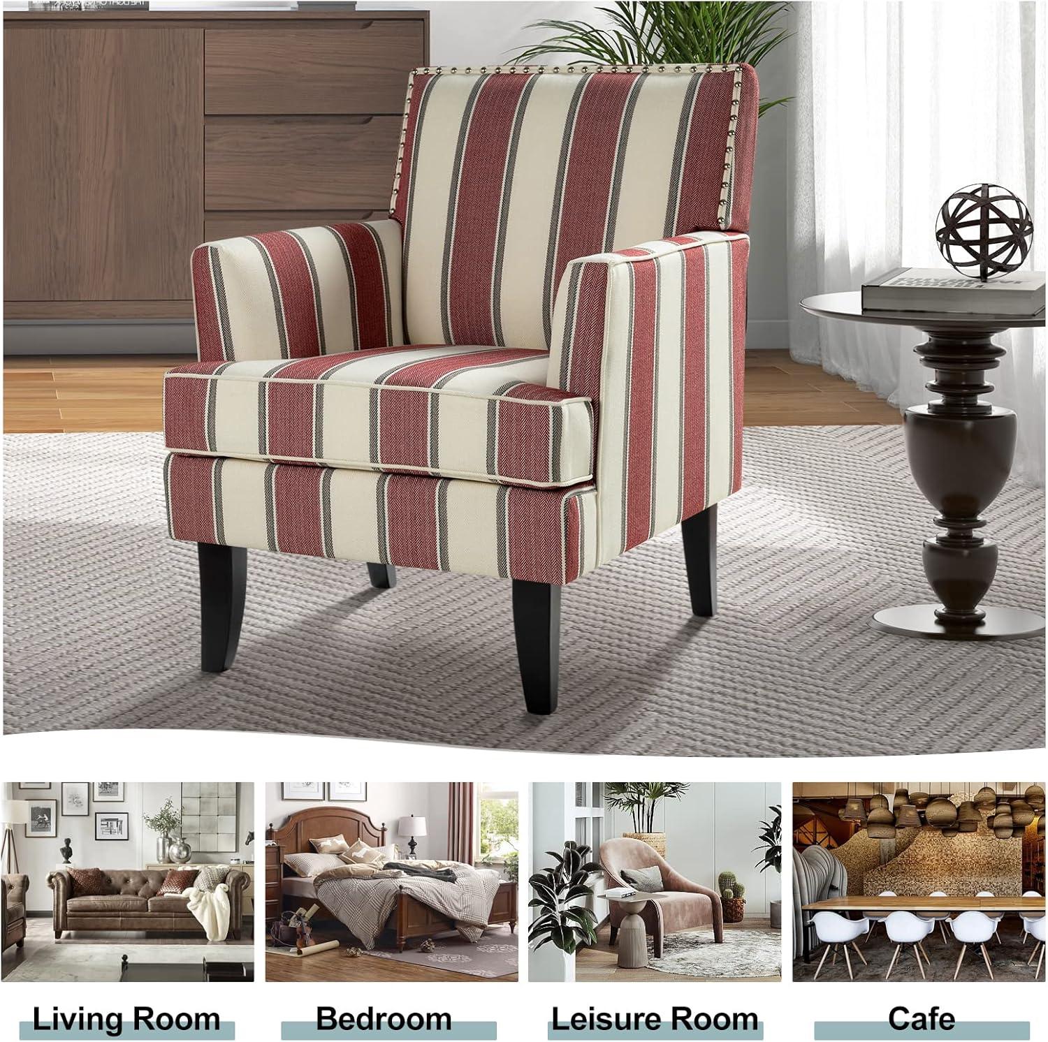 Red and White Striped Wooden Leg Accent Chair