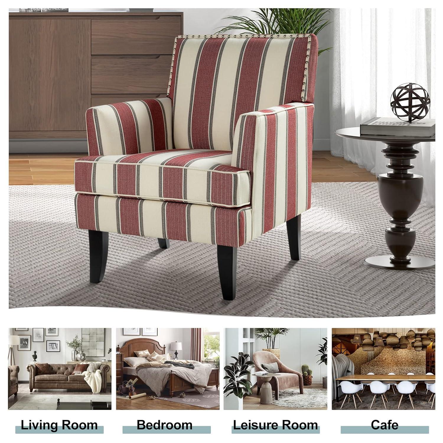 Red and White Striped Wooden Leg Accent Chair