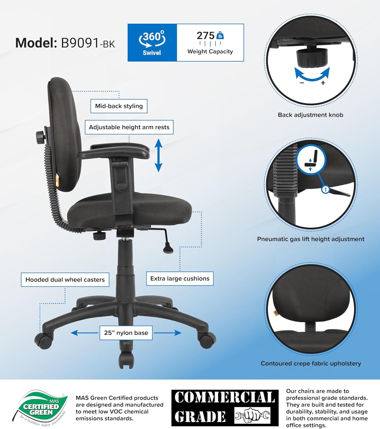Black Adjustable Ergonomic Task Chair with Fabric Upholstery