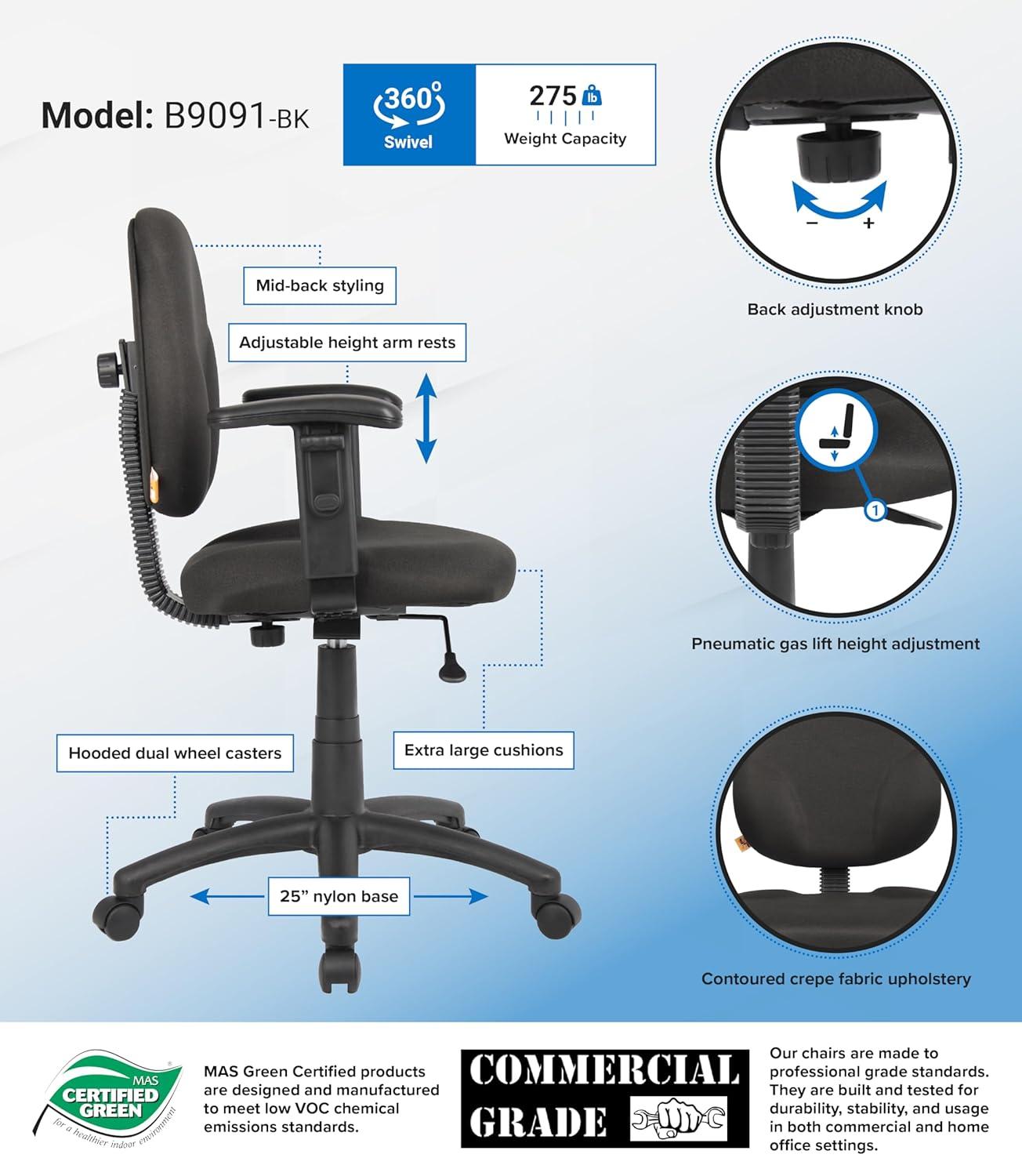 Black Adjustable Ergonomic Task Chair with Fabric Upholstery