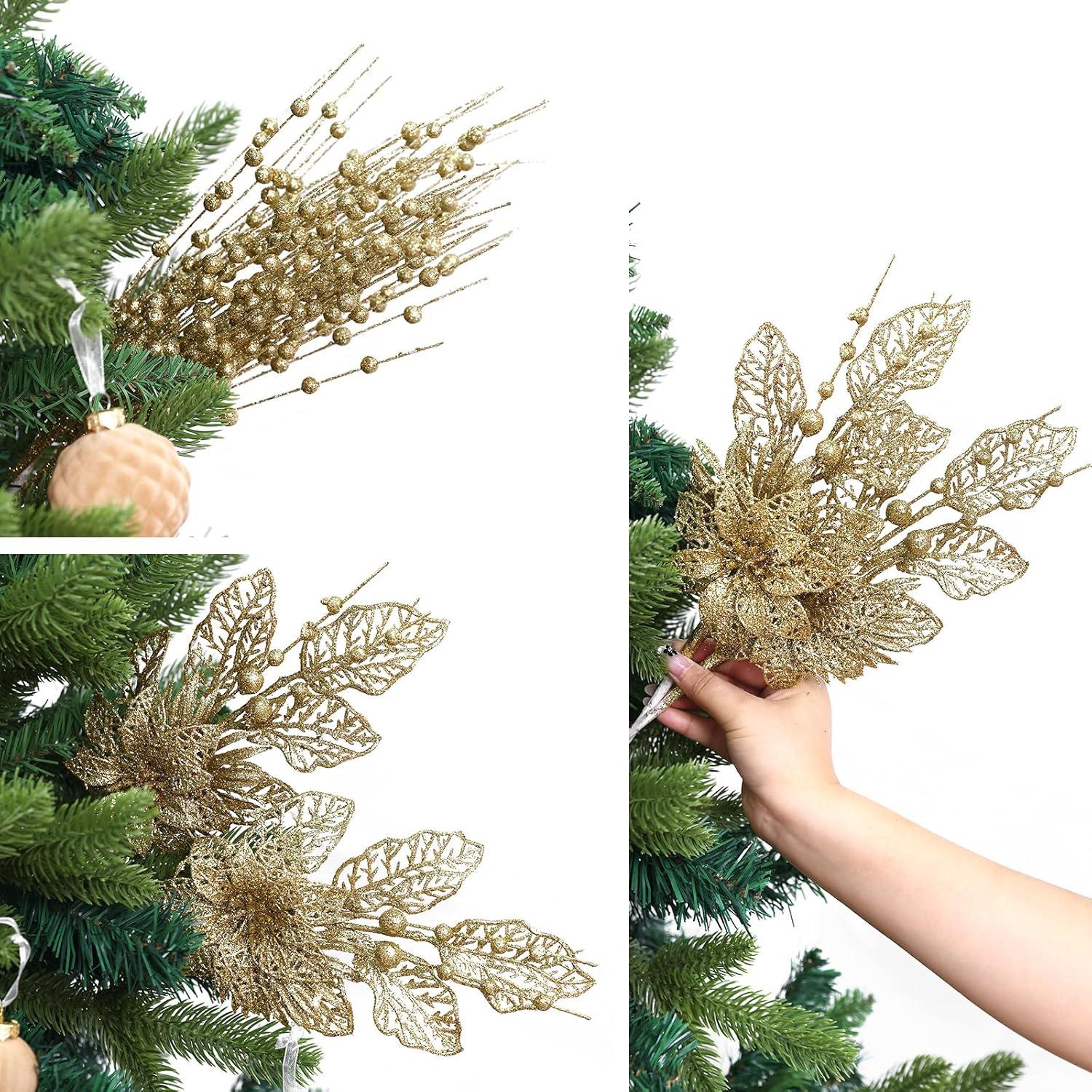 24 Pack Christmas Tree Ornaments - Artificial Flowers Glitter Berry Stems Christmas Floral Picks Branches for Xmas Tree Decorations Vase Filler Holiday Wedding Party Home Decor (Gold)