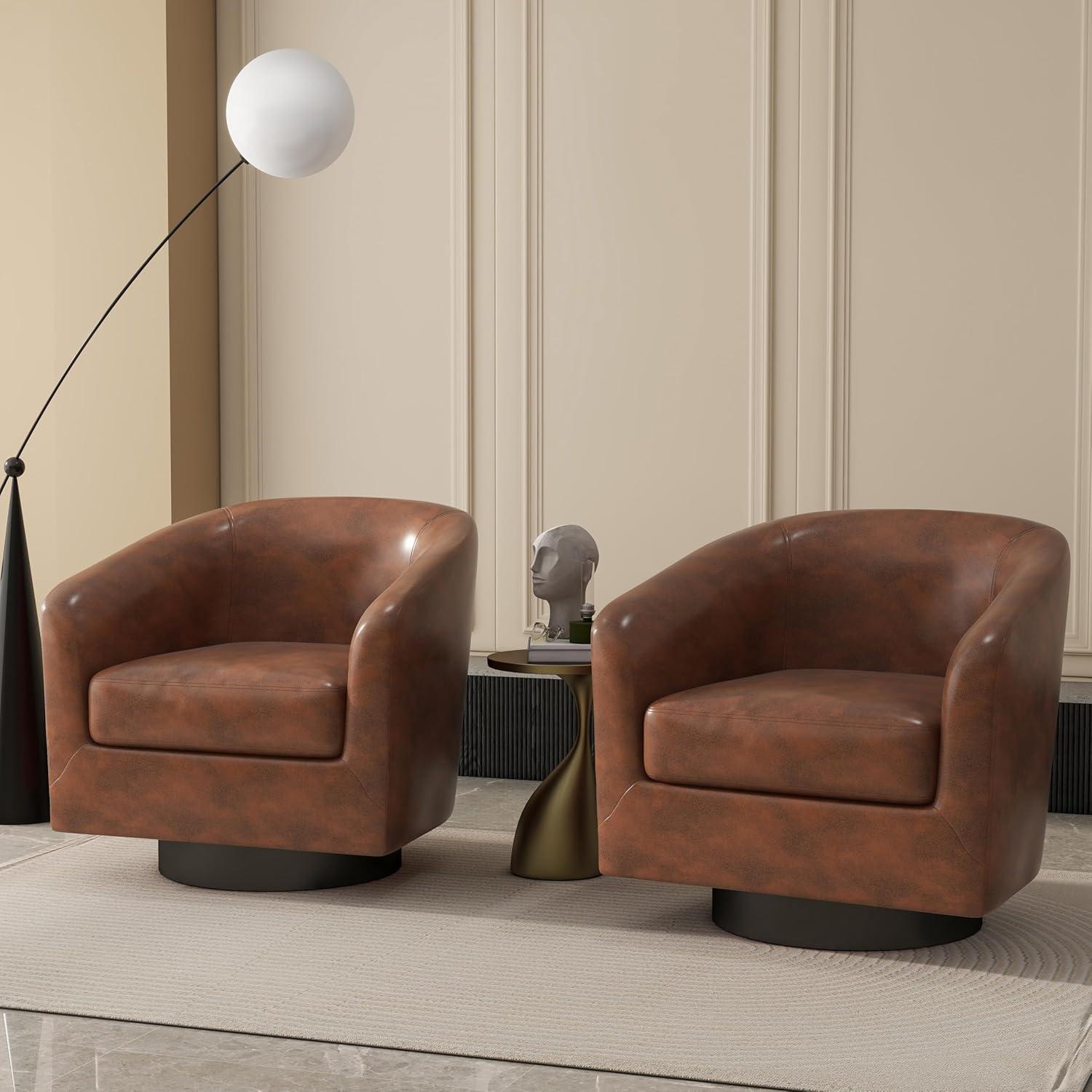 Brown Faux Leather Swivel Barrel Accent Chairs Set of 2