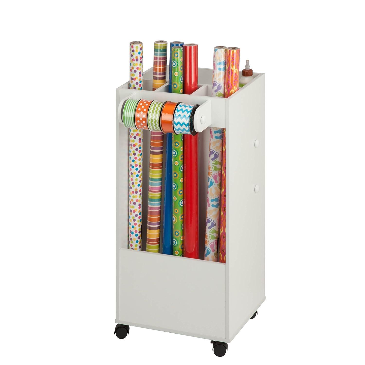Honey-Can-Do 5-Tier Craft or Gift Wrap Storage Cart with Fabric Drawer, Dowel Rods, and Compartments, White