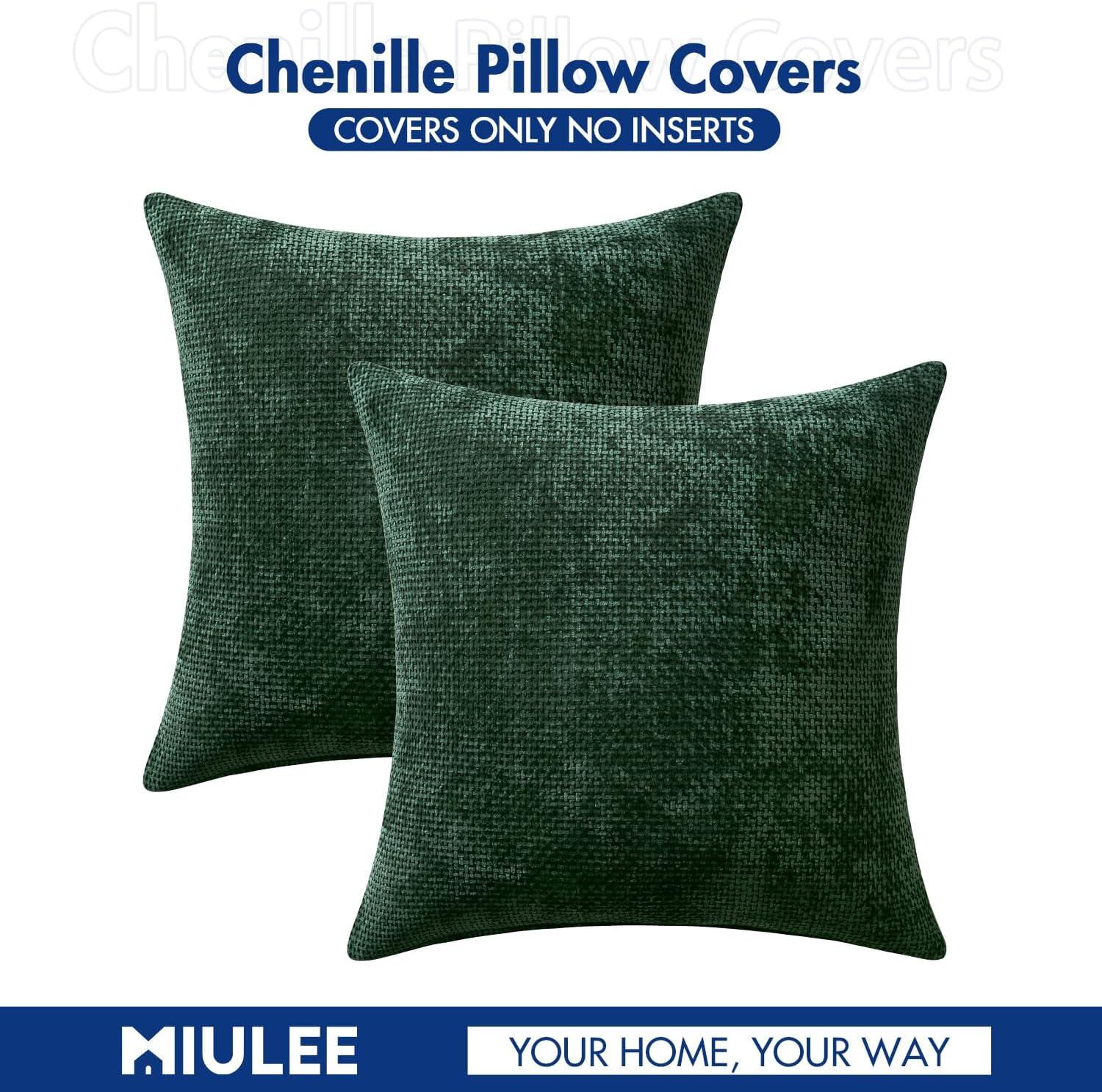 Green Chenille 18x18 Inch Decorative Pillow Covers, Pack of 2