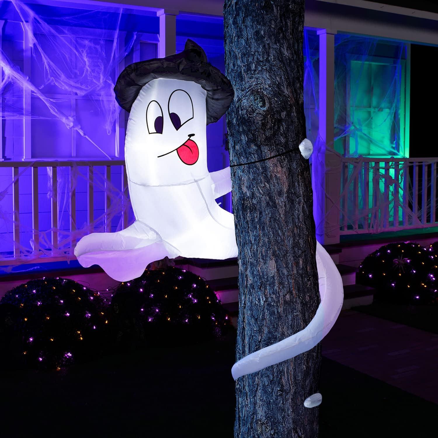 5 ft White Inflatable Ghost Twining Around Tree with LED Lights