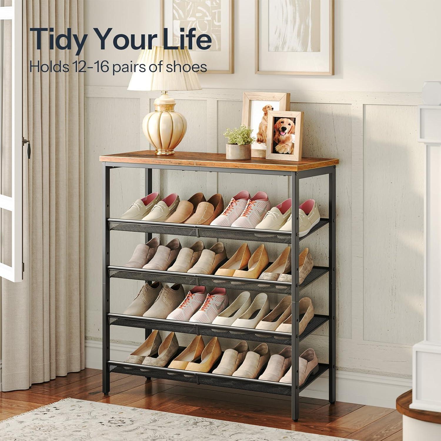 Shoe Rack for Entryway, 5-Tier Shoe Organizer with Adjustable Mesh Shelves, 16-20 Pairs of Shoes, Spacious Floor Mount, Metal, Industrial, Shoe Shelf for Closet, Rustic Brown BF12XJ01