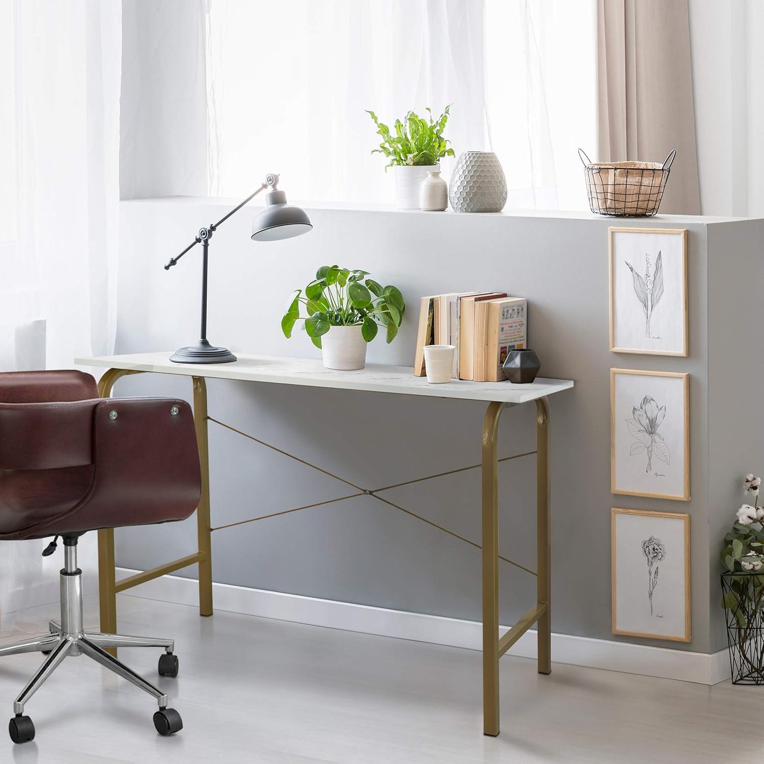 Compact Faux White Marble and Brass Corner Desk