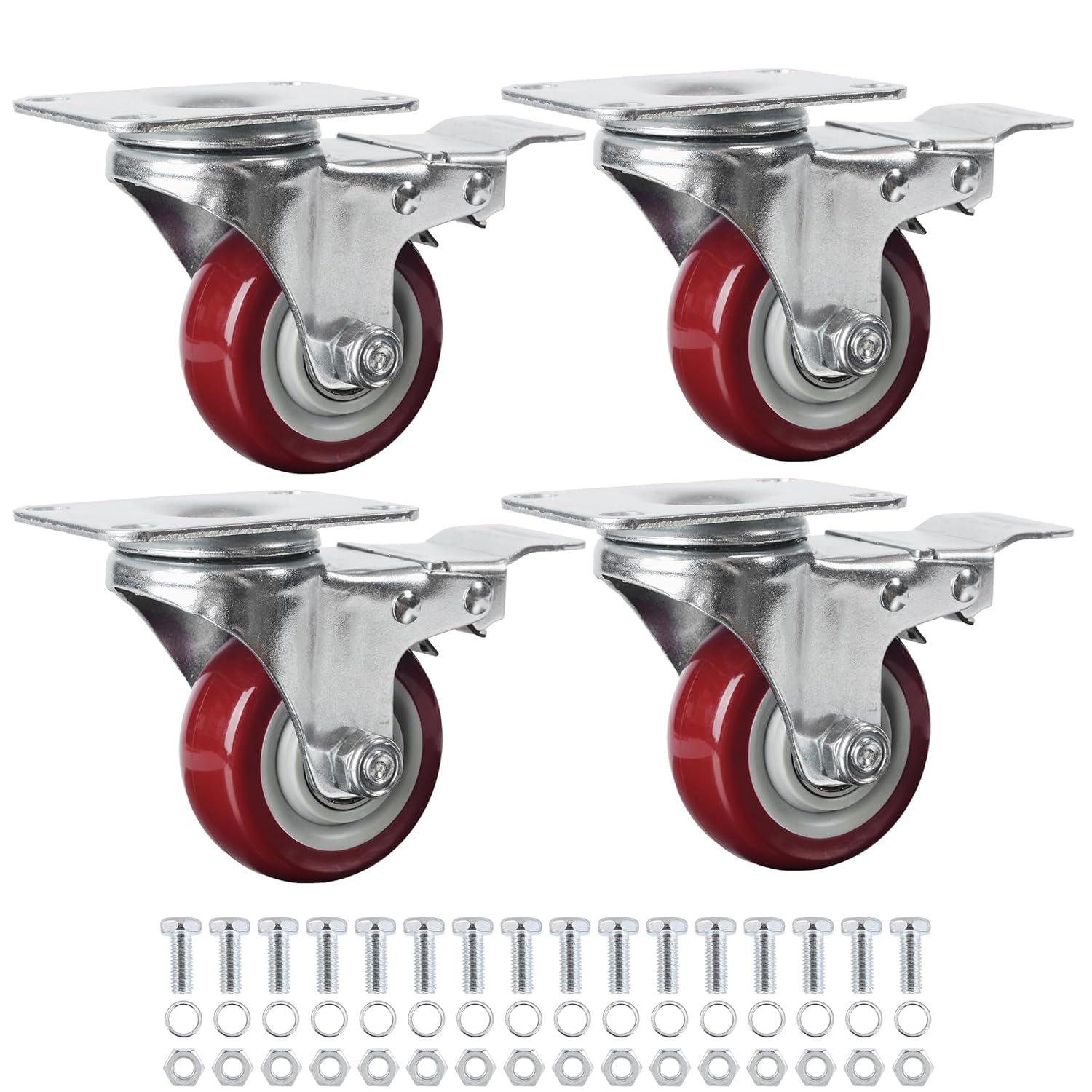 Caster Wheels Set of 4 with Brake Plate Swivel Casters Premium Polyurethane Wheels PU Load Bearing 1,200 Lbs Lockable Anti-wear Smooth Casters Red