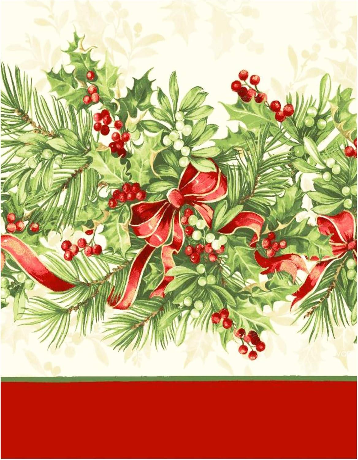 Christmas Holly Berry Ribbon Garland Traditions Bordered 52 x 70 inch Rectangle Fabric Tablecloth