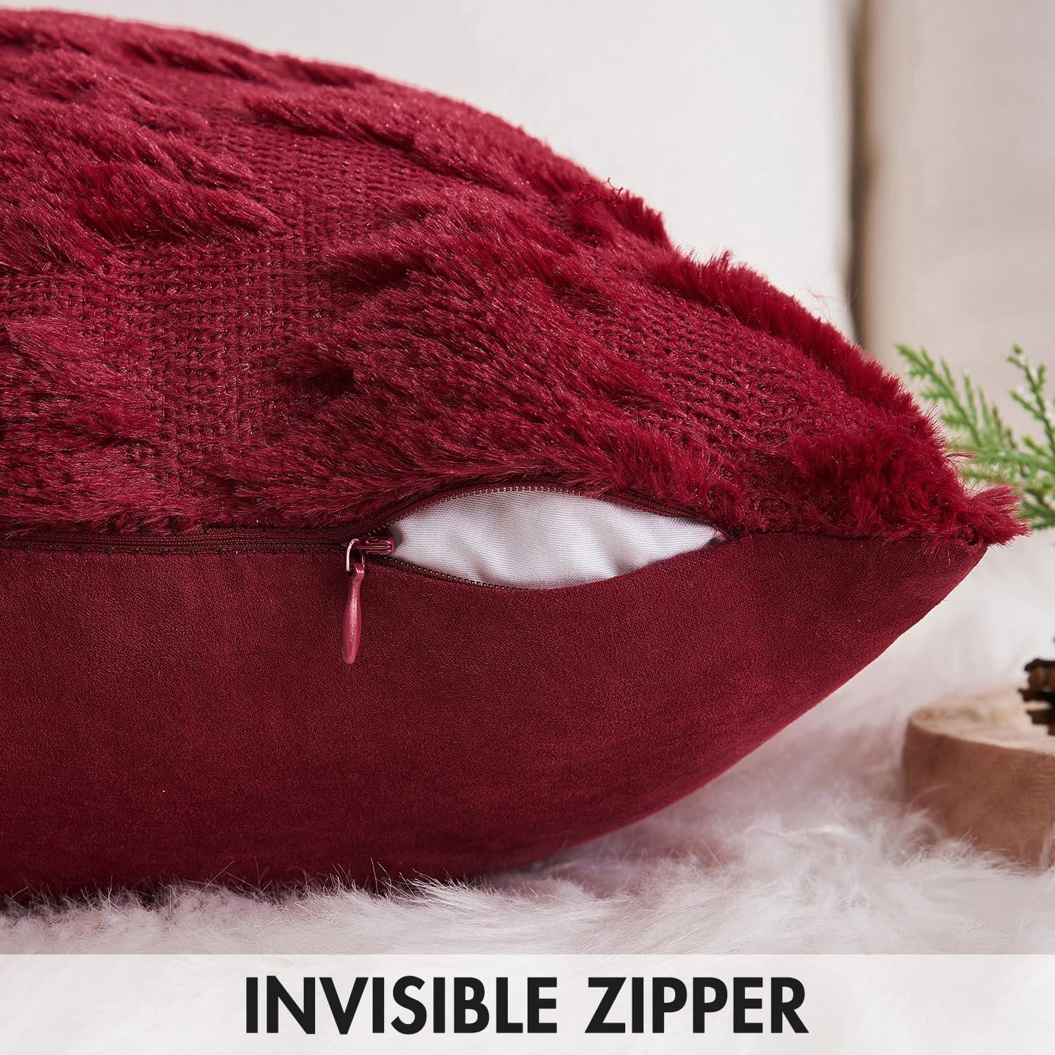 UGASA Pillow Covers 20x20 Inch Set of 2 Soft Plush Faux Fur Christmas Tree Decorative Luxury Jacquard Throw Pillows Pillowcases for Couch Sofa Holiday Festivals Home Decor, Burgundy