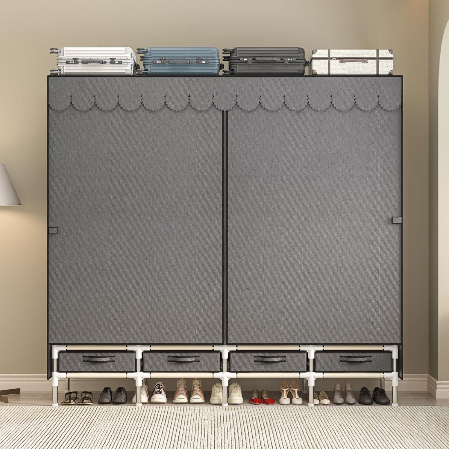 Large Portable Wardrobe with 4 Hanging Rods and Drawers, Armoire, Metal Storage Wardrobe Hangers, Upgraded Grey Non-Woven Dust Cover for Handing Closet,Large Closets for Bedroom