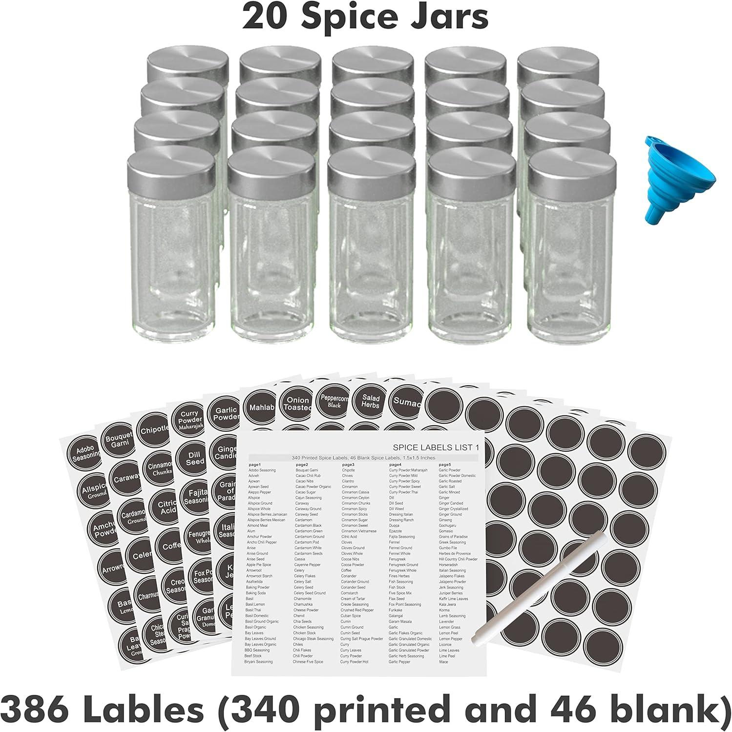 New England Stories Revolving Spice Rack Set with 20 Spice Jars - Kitchen Spice Tower Organizer for Countertop or Cabinet, Includes 386 Spice Labels, Rotating Desktop Seasoning Organizer