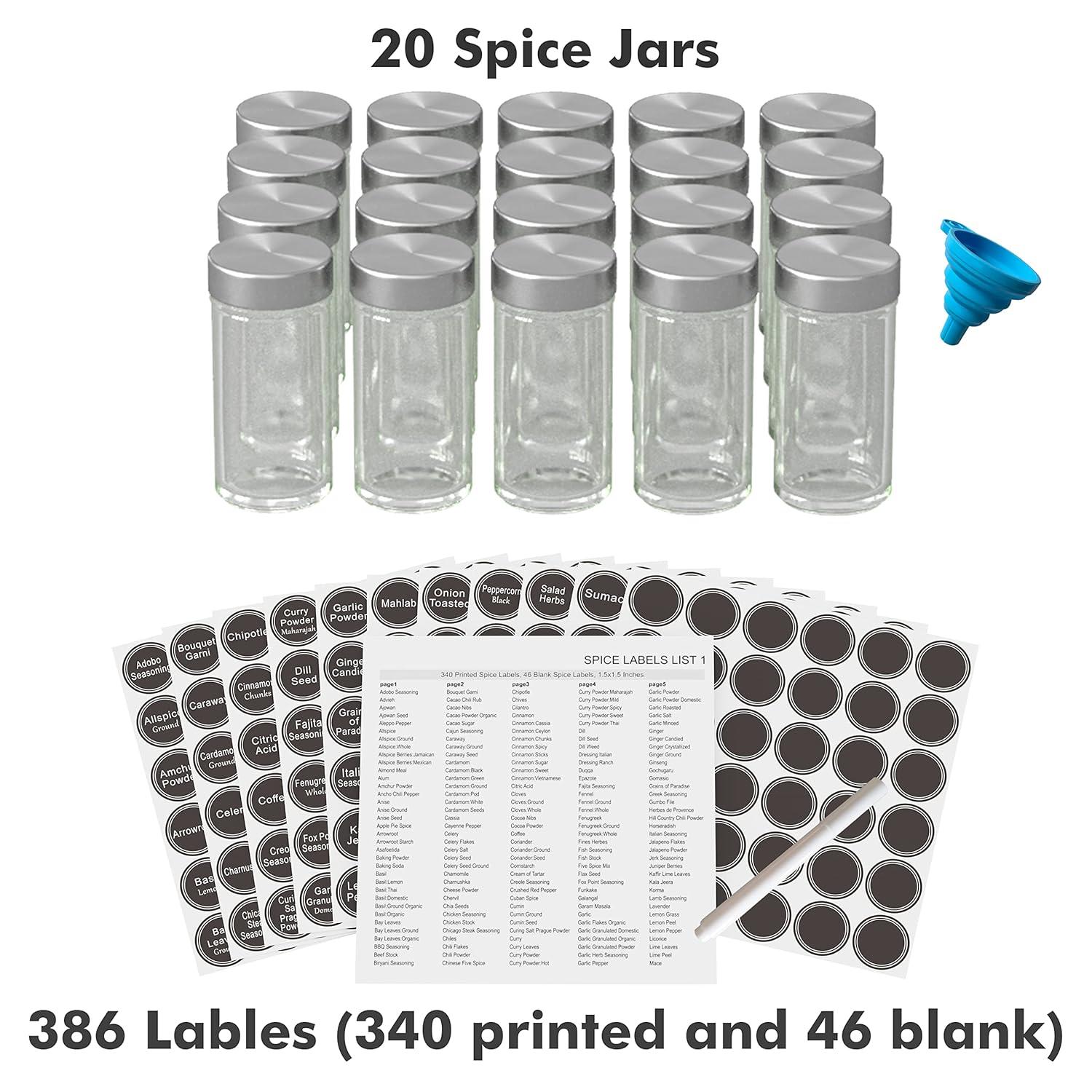 New England Stories Revolving Spice Rack Set with 20 Spice Jars - Kitchen Spice Tower Organizer for Countertop or Cabinet, Includes 386 Spice Labels, Rotating Desktop Seasoning Organizer