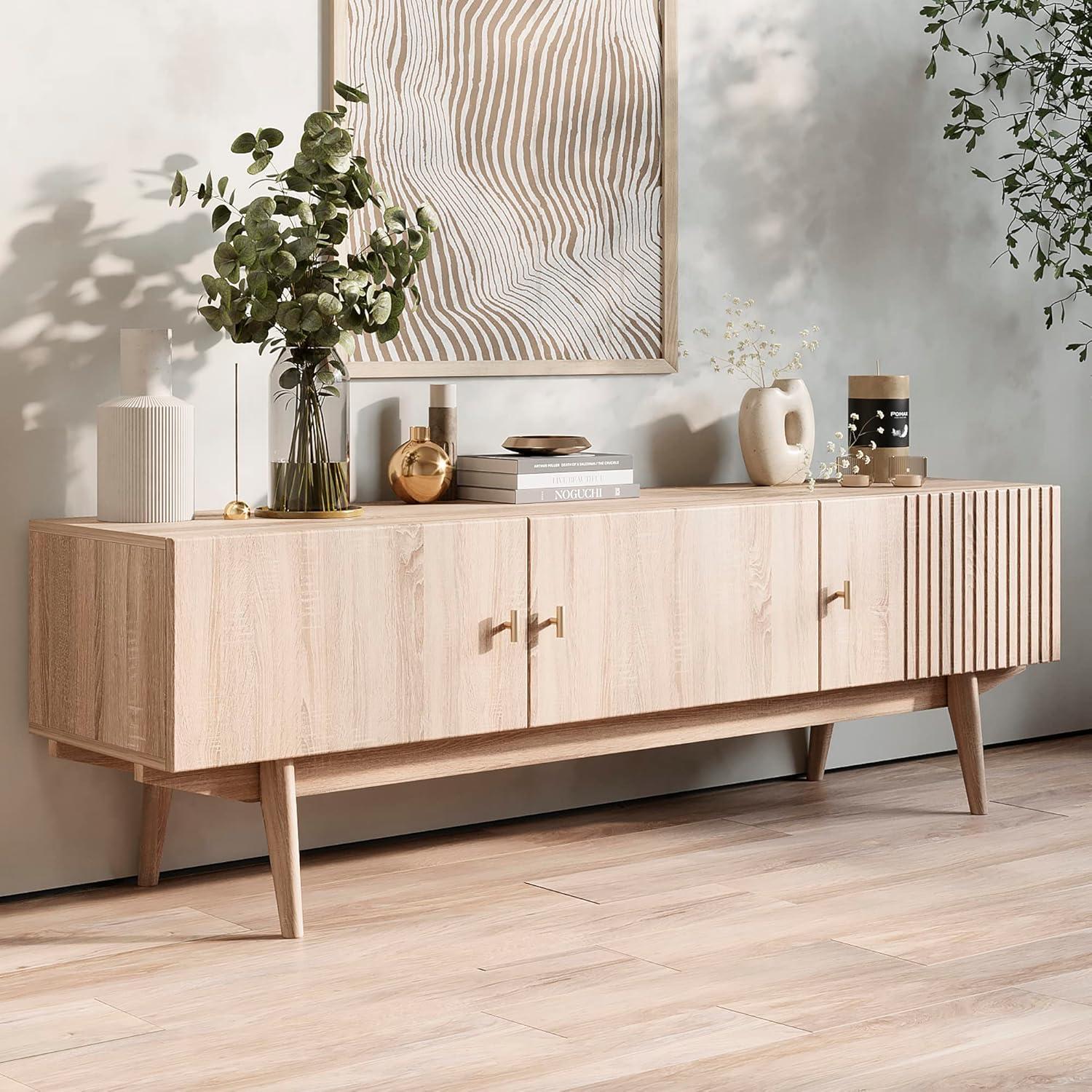 Living Skog  Chelsea Brown TV Stand Fits for TV's up to 65 in. with Slatted Design and Wood Legs Beige Matte Laminate, MDF
