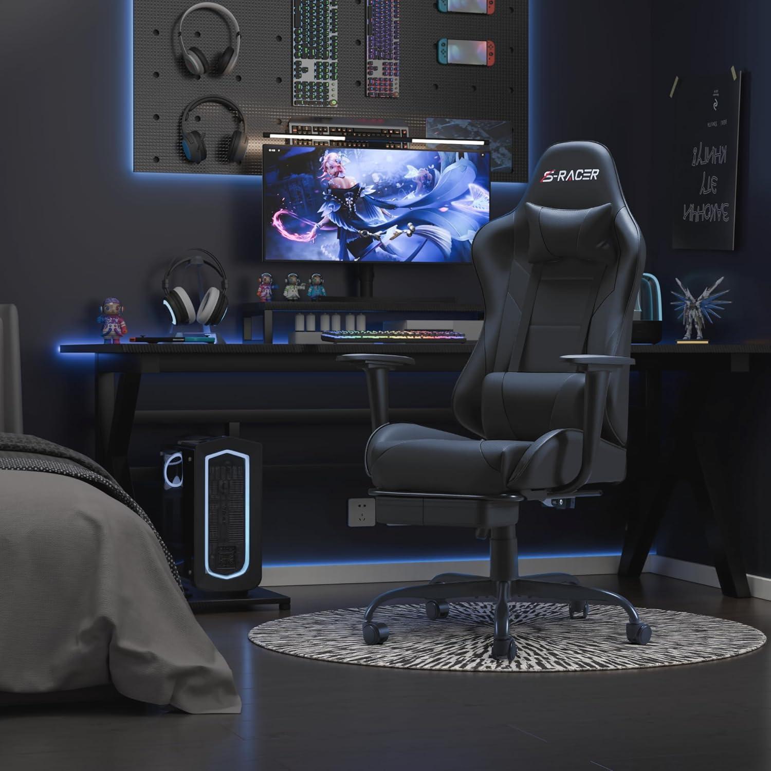 Killeryuki Gaming Chair Massage Computer Office Chair Ergonomic Desk Chair with Footrest Racing Executive Swivel Chair Adjustable Rolling Task Chair (Black)