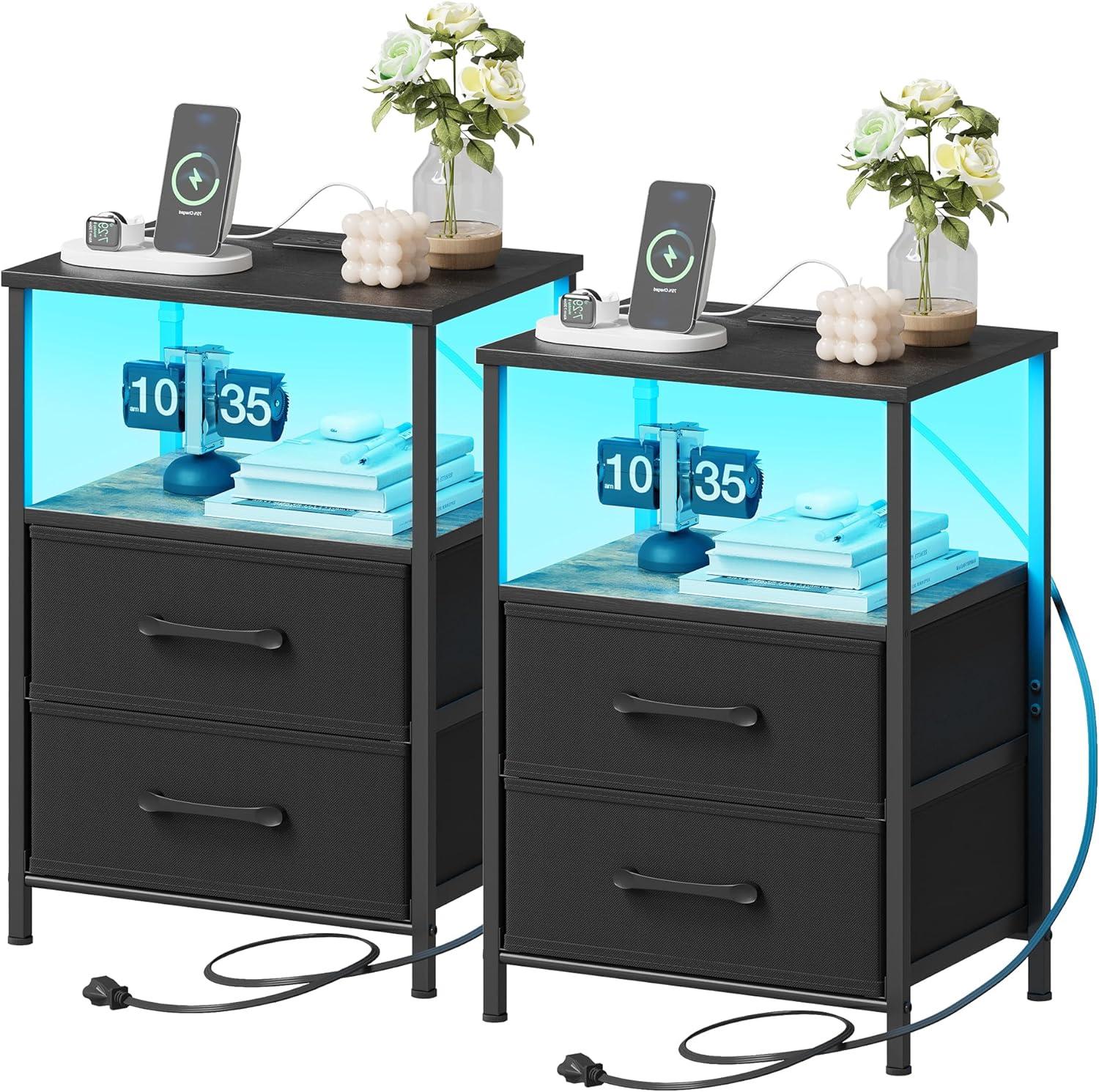 End Table with Charging Station, Narrow Side Table with 2 Fabric Drawers, Skinny Nightstand with LED Light, Slim Bedside Table for Bedroom, Living Room, Small Spaces, White