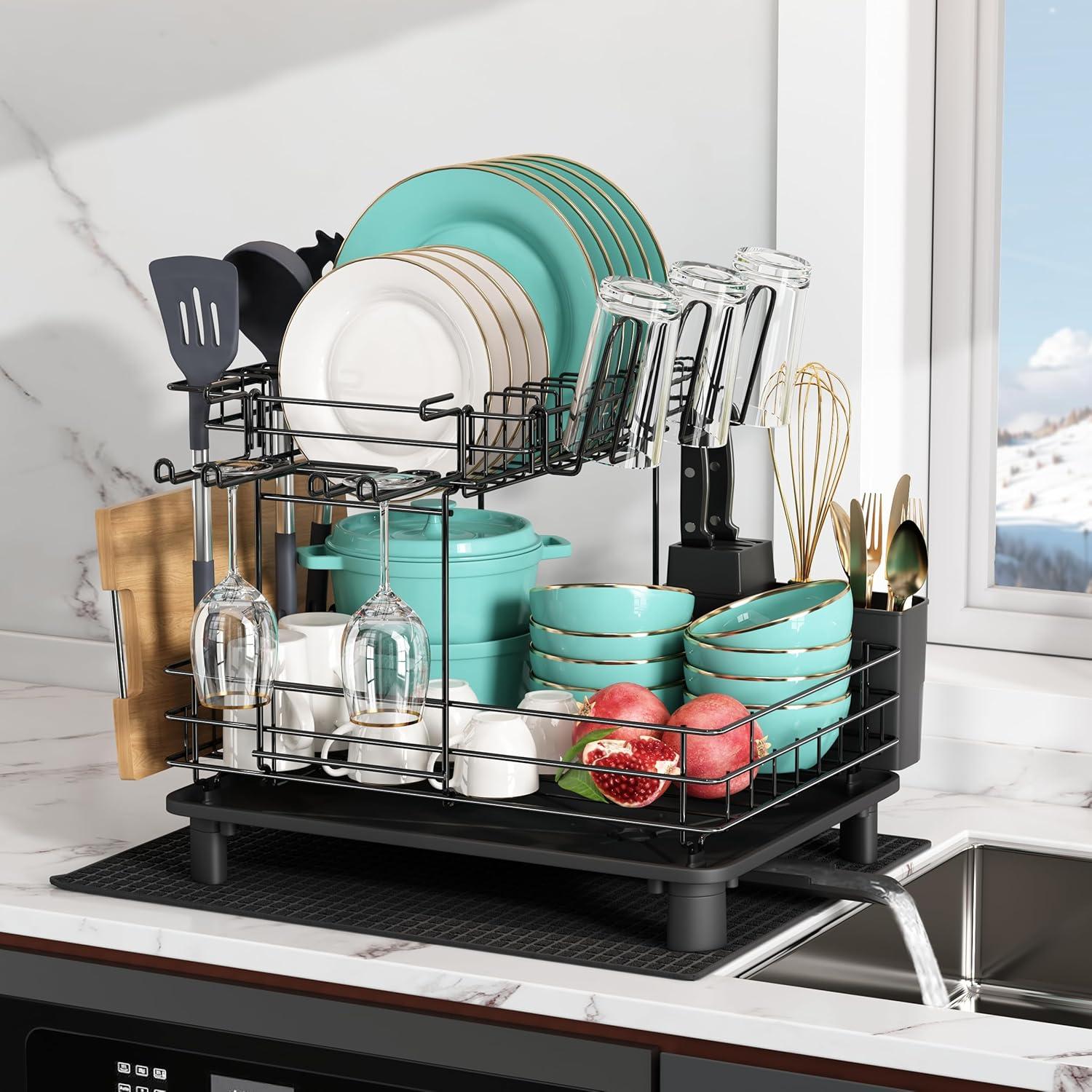 Black Two-Tier Stainless Steel Dish Drying Rack with Utensil Cup