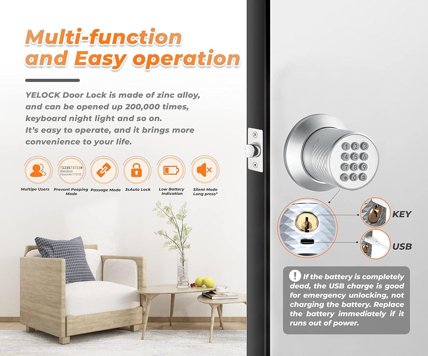 Silver Electronic Keypad Door Knob with Anti-Slip Handle