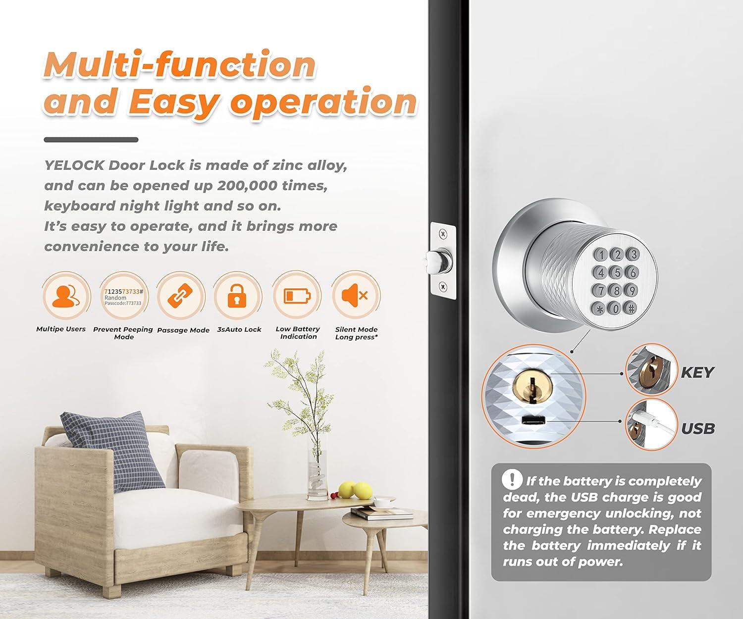 Electronic Keypad Door Knob, Smart Keyless Entry Door Knobs, Code, Anti-Slip Handle, 2.5s Auto Lock, Waterproof Door Lock, Easy to Install for Home, Office, Apartments and Garage
